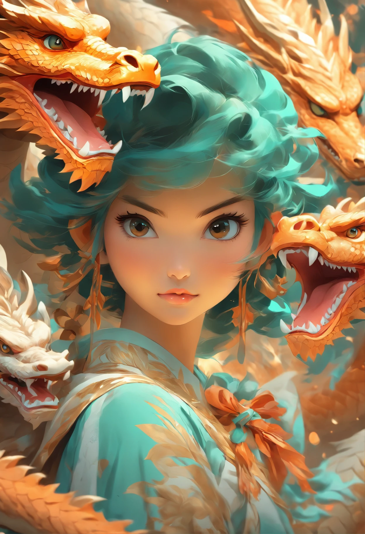 young ladies asian girl with dragon by ann luo blog, in the style of anime-inspired characters, light orange and dark cyan, 8k resolution, fantasy illustrated, close up, golden age illustrations, light bronze and white