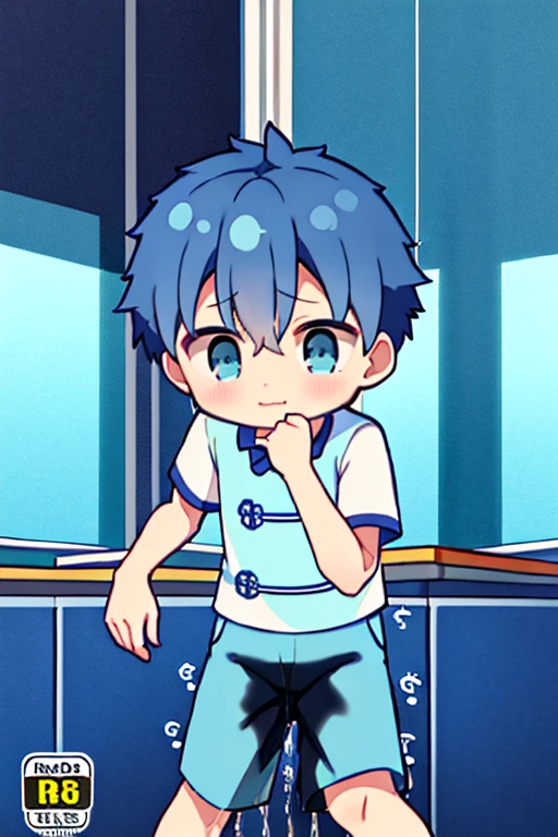 Two Chinese boys around 9 years old，Slightly thin in normal body shape，He wears a light blue short-sleeved shirt，Light blue shorts，Cover your face with your hands and cry，Pee your pants，‎Classroom