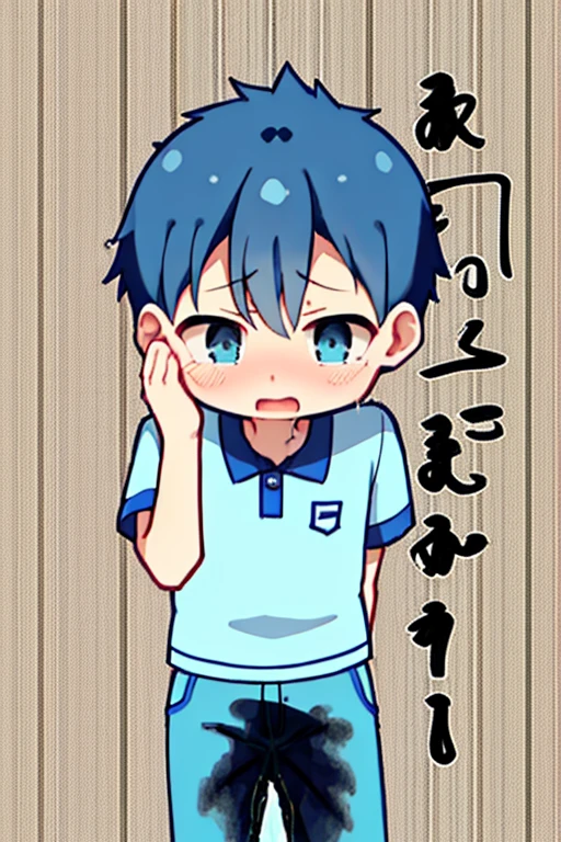 Two Chinese boys around 9 ,Slightly thin in normal body shape,He wears a light blue short-sleeved shirt,Light blue shorts,Cover your face with your hands and cry,Pee your pants,Classroom