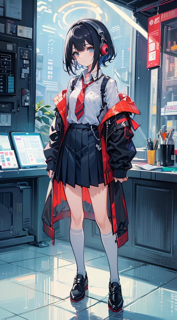 (Top quality illustrations:1.3)、(Cute little girl s:1.0)、(女の子1人:1.0)、(Short black hair:1.0)、(School Uniforms:1.0)、(full body Esbian:1.0)、(ultra-detailliert) 、17 age、Wearing headphones、D-cups、