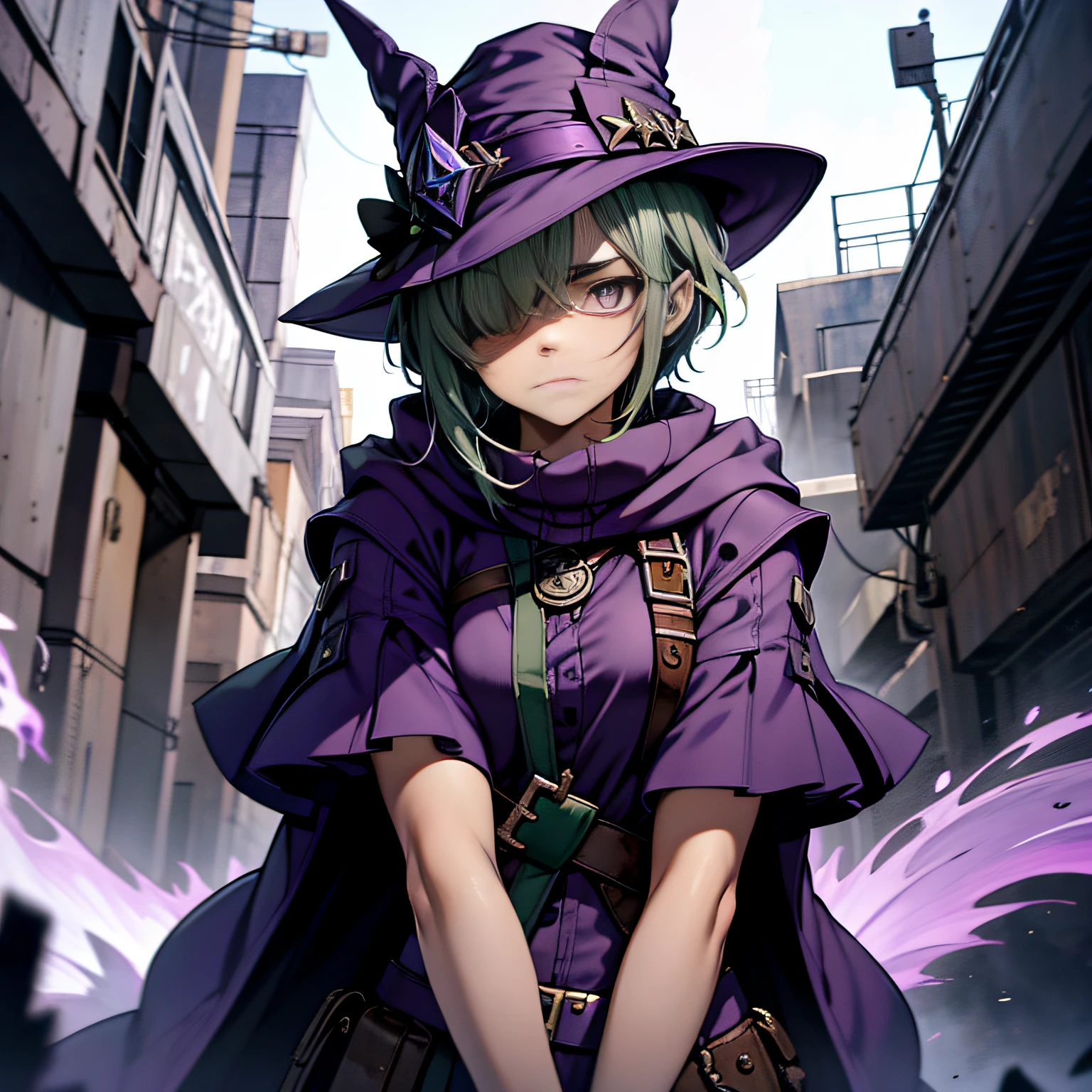 top-quality、extremely delicate and beautiful、(A teenage girl)、Purple Eye、Green hair、short-haired、(purple witch hat)、Purple tie、Tactical Vest、Soio、shortsleeves、Purple skirt、Purple Wizard Robe、Navel、is standing、Facing the front、Expression of hatred、Dark background、Only eyes、（One-eye hide）、Scar on one eye
