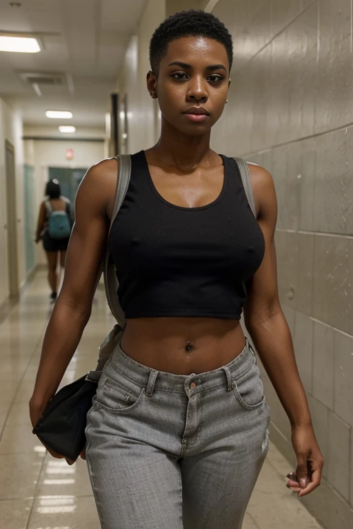 photo of a busty half black girl with (short fade) walking in a prison, big naturals, (expressive face), (carrying a backpack),, (chiseled jaw), (thin lips), (wearing a tank top), school hallway, (short fade), slim waist, muscular upper body, [high resolution]