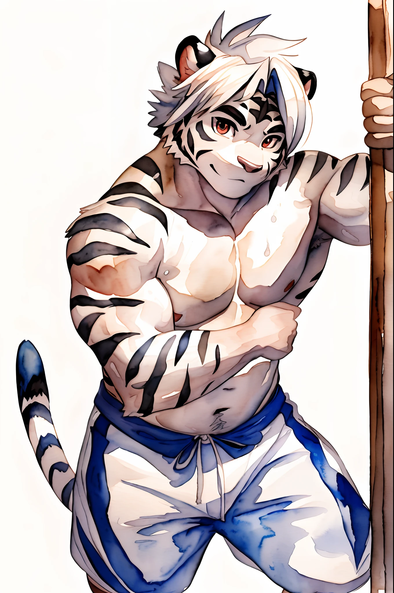 Hominidae, Pose for Camera. 4K, high resolution, Best quality, posted on e621, (Anthropomorphic white tiger:1.2), male people, 20yr old, Thick eyebrows, Light blue stripes, Ultra-short hair, shaggy, Strong body, large pecs, ((Shirtless)), He is practicing Japanese kendo, Pink milk clusters, sweat leggs, white leggings underneath, Small raised, In the gym, 独奏,  (sport, Muscular, Heavyweight:1.2), Correct anatomy, (White background, Watercolor background:1.1), (by Chunie, author：Taran Fidler:0.8), (Detailed eyes:1.2), Sexy, (cel-shaded:1.2), cartoon shading, (aquarelle:1.2), Serious expressions, Be red in the face, (view the viewer:1.2)