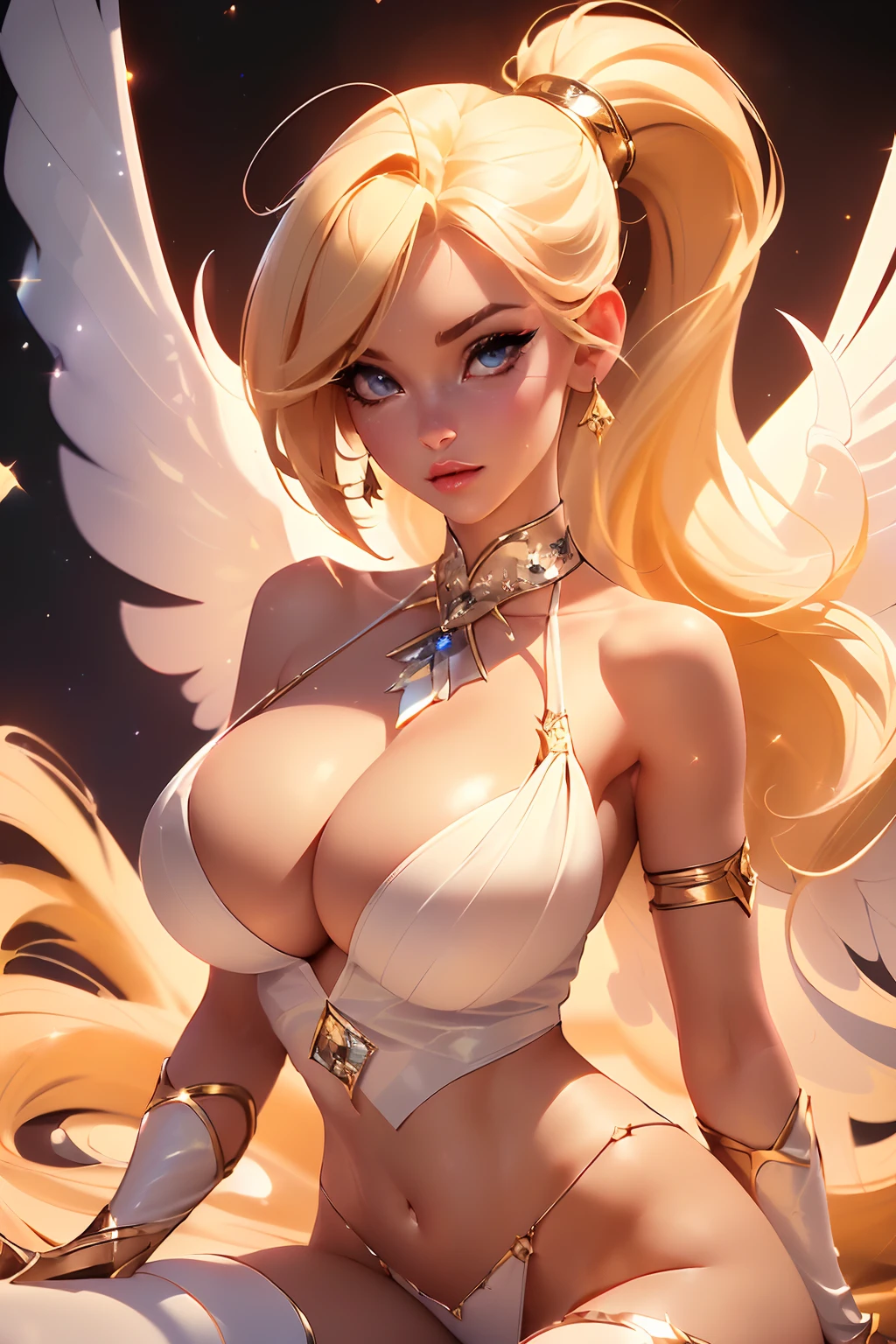 ((sexy tall supermodel)) ((beautiful face)) (red lipstick) ((big bright eyes)) ((very long blonde straight high pony tail with long bangs covering one eye)) ((pale skin)) ((very huge breast:1.5)) (perfect body:1.3) ((wears fantasy white sequin tiny string thong, decorated with diamonds)) ((choker, white high heels, big cosplay wings ornamented with diamonds)) ((sexy supermodel posing inside photo studio for camera photoshoot, lights of reflectors over her)) (high resolution, dynamic shadows)((photorealistic:1.5)) ((masterpiece:1.3)) (8k) (perfect face) (best quality) (perfect hands and eyes)