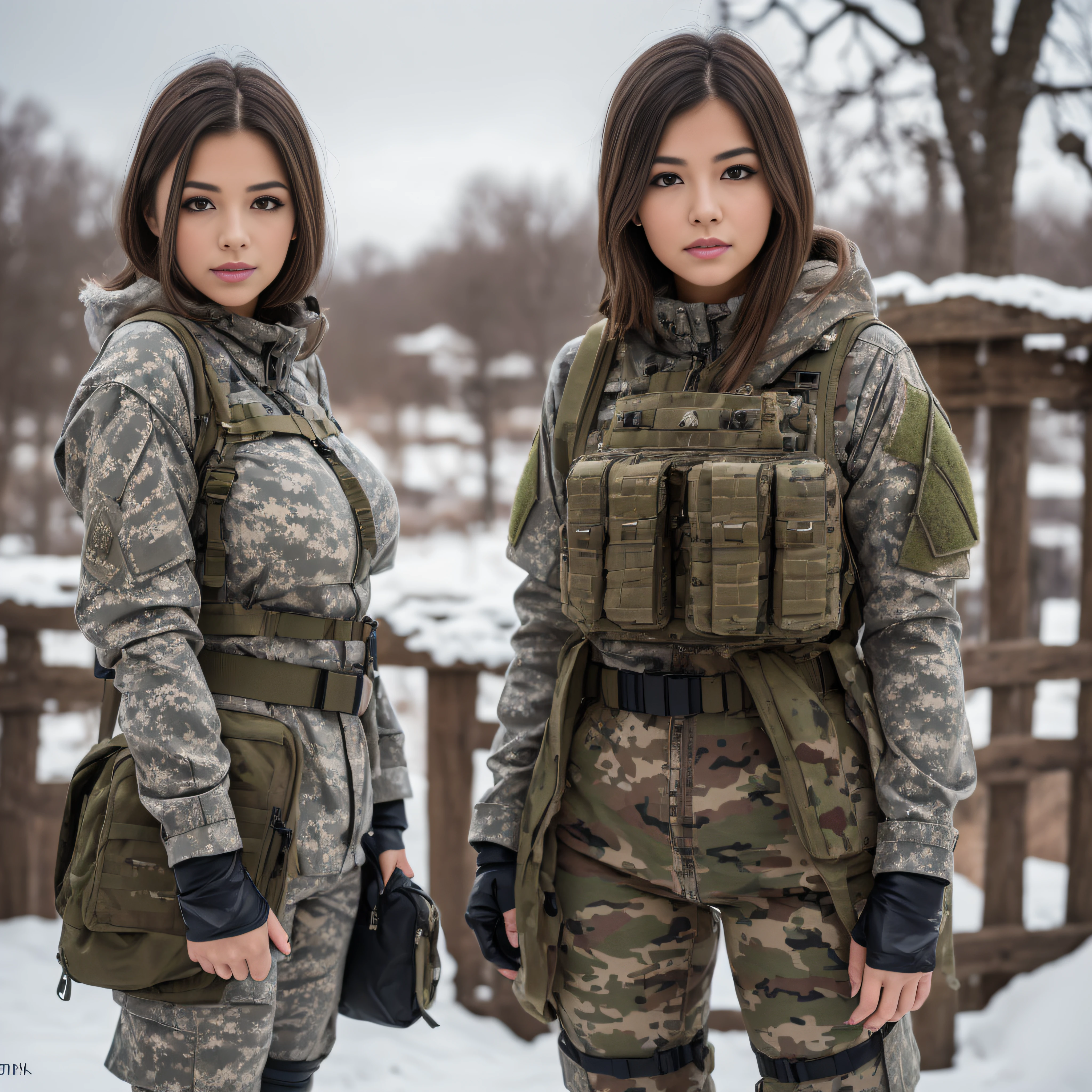 (Photorealistic), Beautiful lighting, Best Quality, Realistic, Full body portrait, real picture, Intricate details, depth of fields, 2girsl hugging kissing hands on the other's crotch, In a cold blizzard, Very muscular soldier girls with a haircut, Fatigue of the army wearing winter camouflage, Camouflage Plate Carrier Rig, Combat gloves, (Magazine Pouch), (Kneepads), highly detailed, Perfect face, Brown eyes, Lips, wide hips, Small waist, tall, make up, Tactic, FUJI XT3, Outdoors, bright day, Beautiful lighting, Raw photo, 8K UHD, Film grain, ((Bokeh))