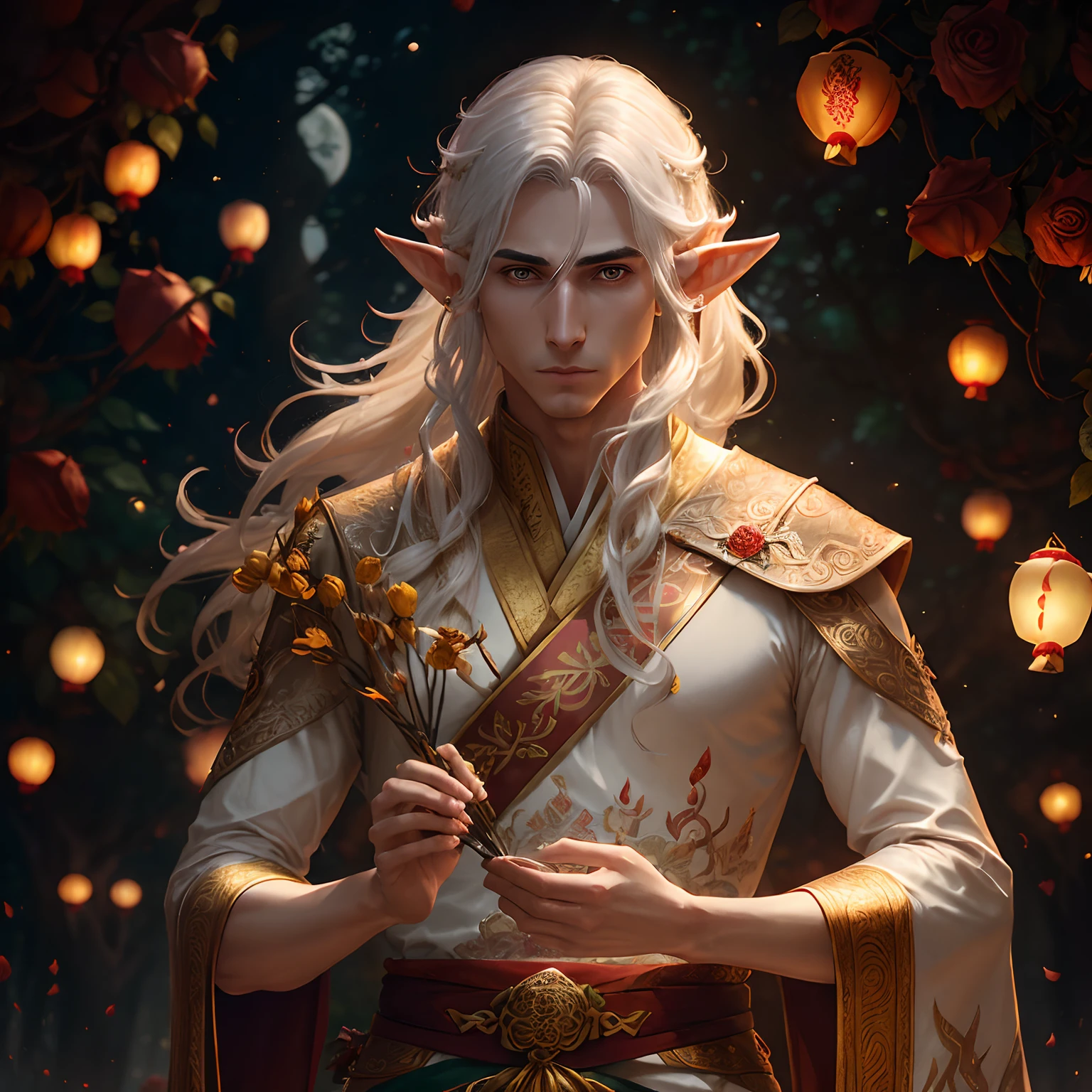 (((Male elf))), masterpiece, highest quality, (solo focus), (perfect face:1.1), (high detail:1.1),dramatic, 1guy, (pale skin), long white hair, white eyes, long hair, moon, night, ((Hanfu, rowan, physalis lanterns)), pouty lips, covered, forest and roses, detailed background, art by artgerm and greg rutkowski, cinematic lighting, ((roses)), fashion, BalenciagaStyle, bokeh, gradient sequined, gems