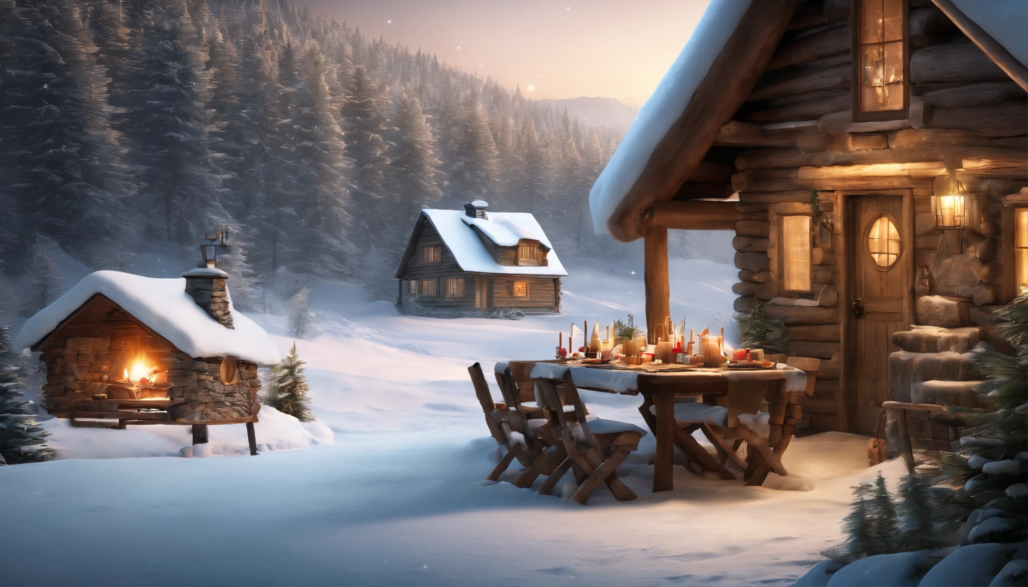 a table outside a cabin with gifts, shutterstock, very high resolution, by Dietmar Damerau, winter setting, by Franz Hegi, incredibly realistic, in the snowy landscape, enchanted inside winter forest with snow, photorealistic, hyperrealistic, detailed, wide vision, cinematic realism