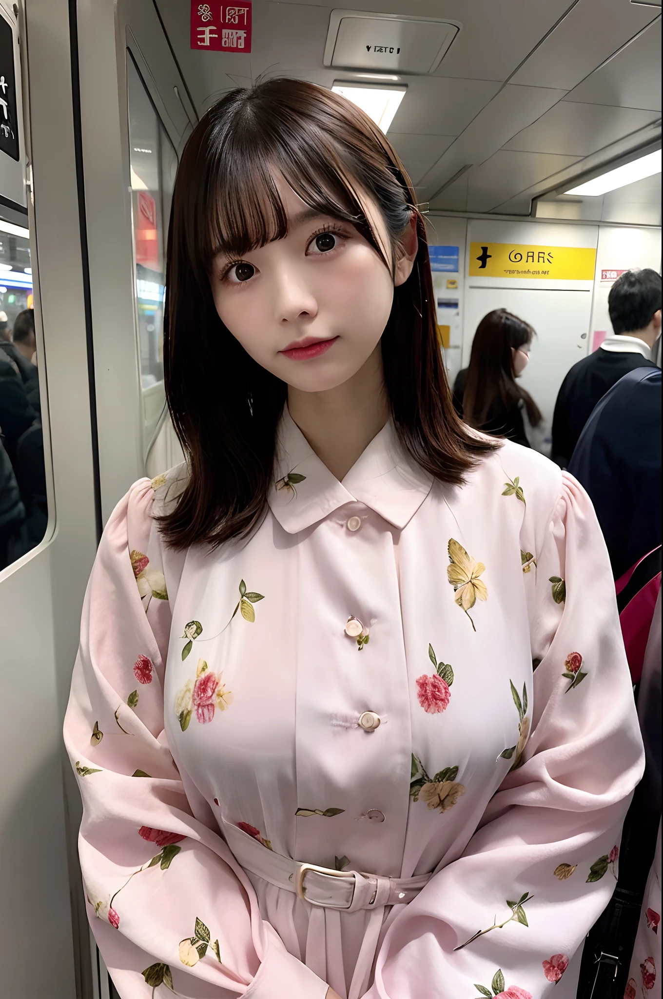 huge tit、g-cup、22year old、japanes、Wearing a dress、Standing in front of me on a crowded train、I'm looking from above、Hands on chest