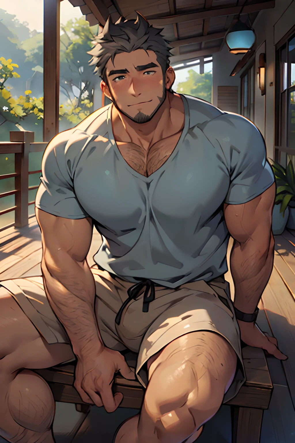 (highres:1.2),handsome ((older)) middle aged man,sitting on a deck in summer,warm smile,blushing,anime style, stubble, (wrinkles), swept-back dark gray hair, perfect detailed eyes, hairy body, gray body hair, vivid colors,soft lighting, bara, looking at the viewer with a longing expression, close-up, (little chubby), casual clothing