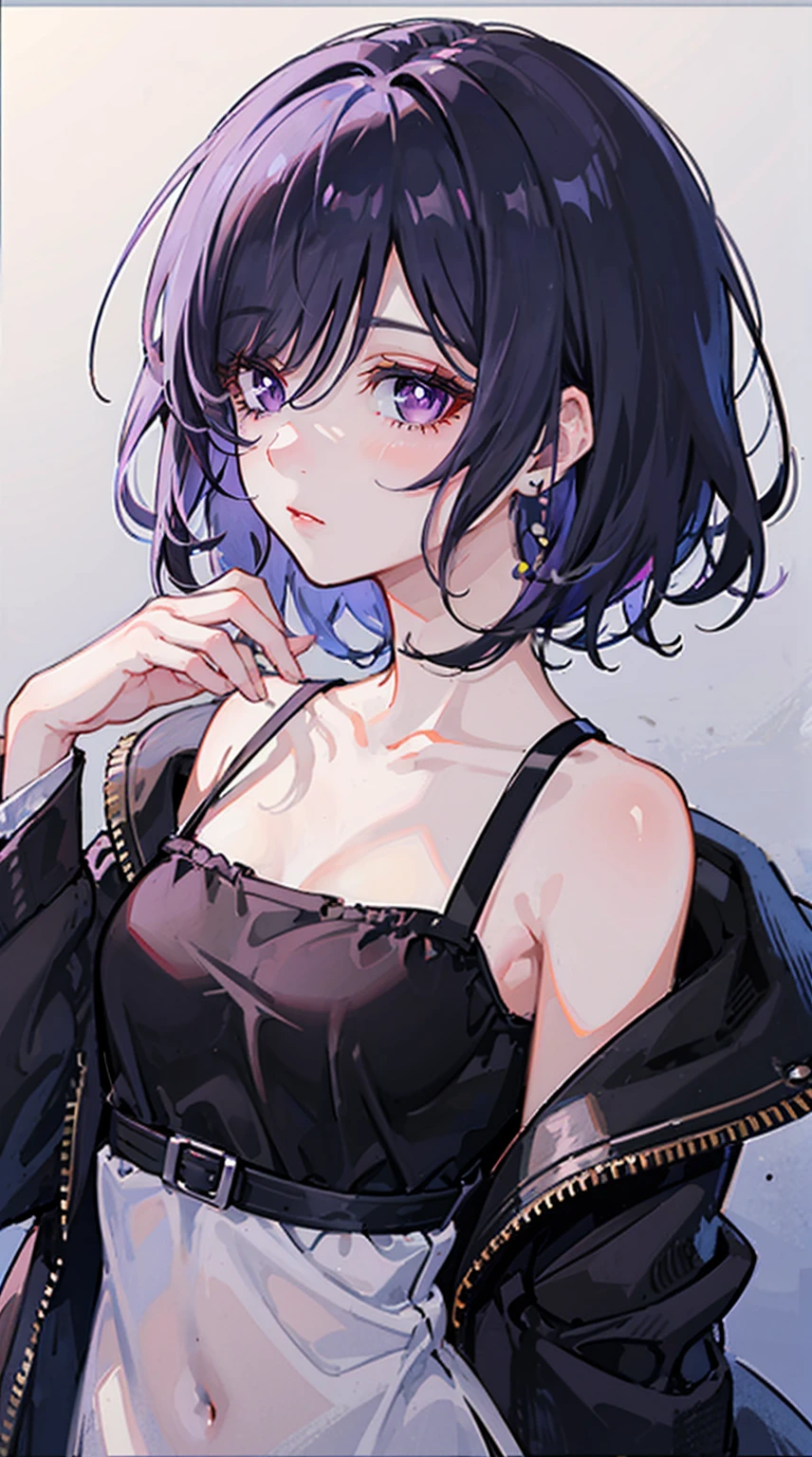 a close-up of a girl in a dark outfit with purple eyes, 1girl, solo, (short black hair:1.2), (side view), looking at the viewer, (purple eyes), upper body, bare shoulders, medium breasts, blush, bangs, collarbone, jacket, off shoulder, black jacket, (hair over one eye:1.2), covered chest