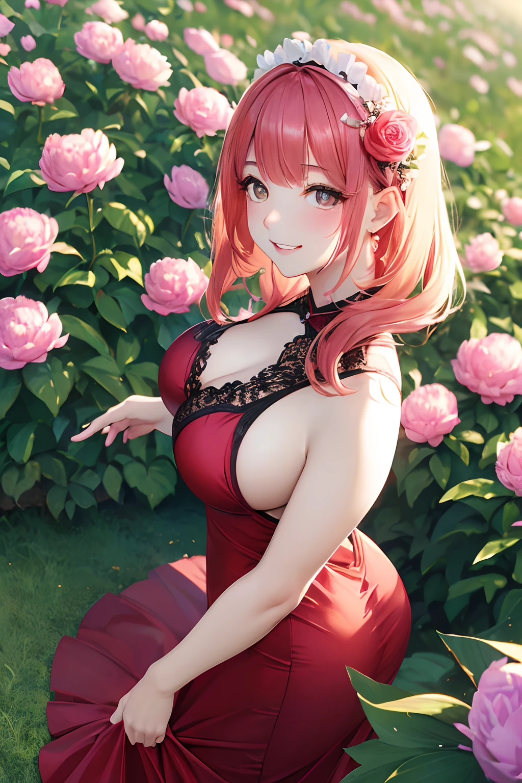 (((A flower garden with peonies in full bloom,Woman in gorgeous red dress with peony flowers,Golden edging,Peony hair ornament,Peony piercing))),((独奏,stroll)),((masutepiece,cowboy shot,Angle from above,Wide background,Far angle,FULL BODYSHOT)),Beautiful detailed skin,Perfect human anatomy,perfect hand,beautiful boob,saggy tits,portrait of a beautiful woman,Perfect face,(Cute smile,Bright smile),Cute look,Cute emotions,Think,(blush),enticing lips,Perfect eyes,Cinematic scene,Cinematic,fulcolor,4K,8K,Raw photo,Studio portrait,professionally color graded,Professional Photography,(an extremely delicate and beautiful art)1.3,Elegant,Active Angle,Soft light,Lens Glow,soft clean focus,Realistic lighting and shading,Best Quality,top-quality,hight resolution,(1girl in:1.3)