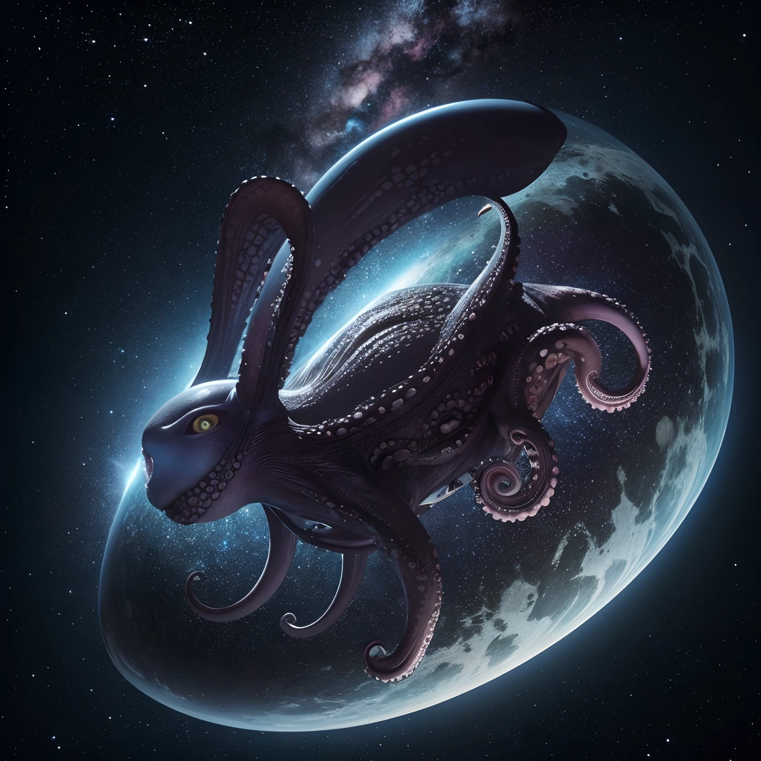 The alien is a creature that is a combination of a cat and an octopus, and his name is Goose. galaxy, plane, finest image, (8k, RAW photo, realistic), detailed and delicate depiction and flashy and dynamic painting method