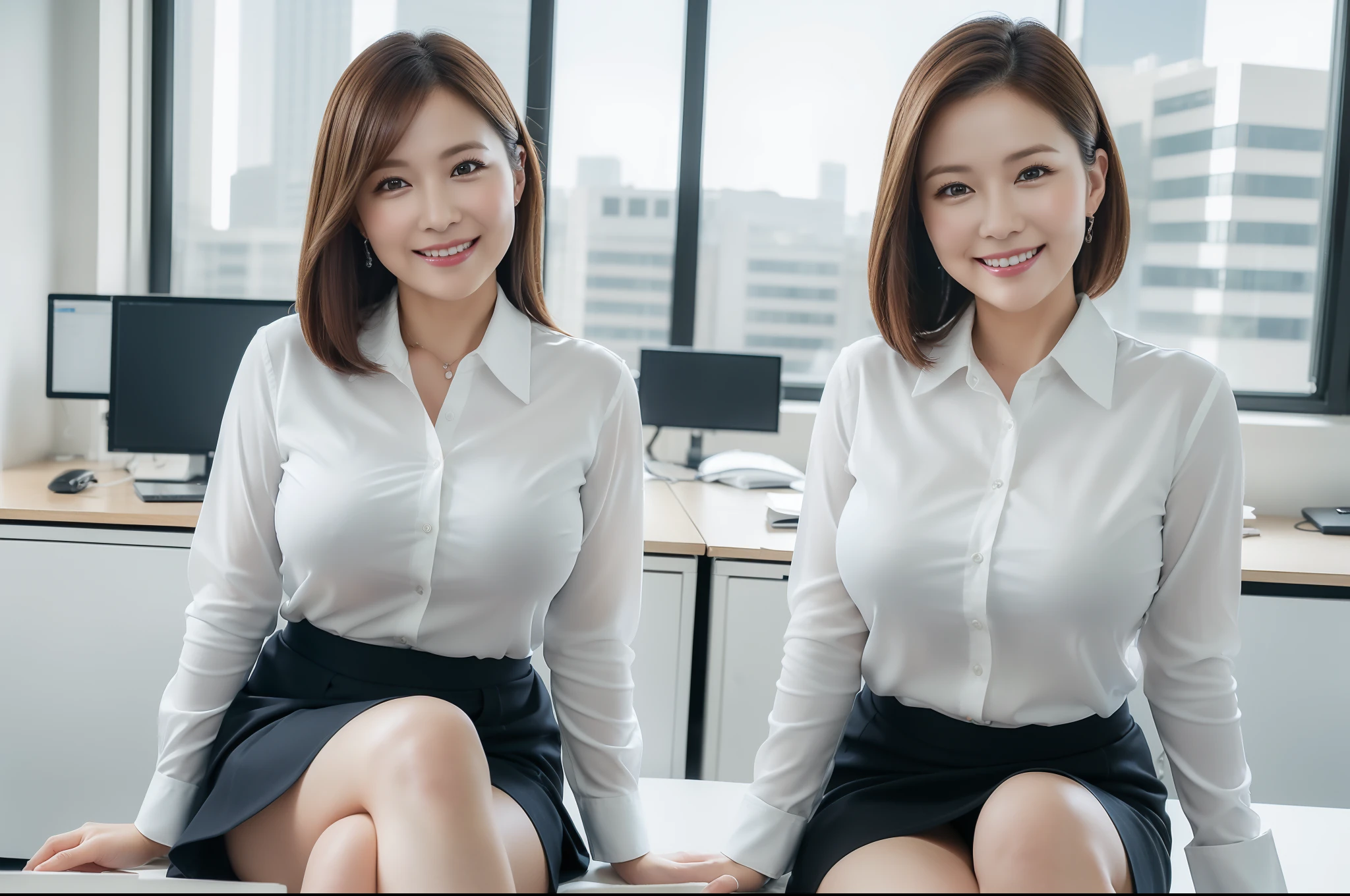((Best Quality, 8k, Masterpiecedetails, ultra-high resolution)), (looking at the viewer), (full shot:), attractive business 5 milfs, 5 people, a bit chubby:0.25, white collared shirt, grey skirt, (sitting with cross legs on office desks)), smile, office of CEO,