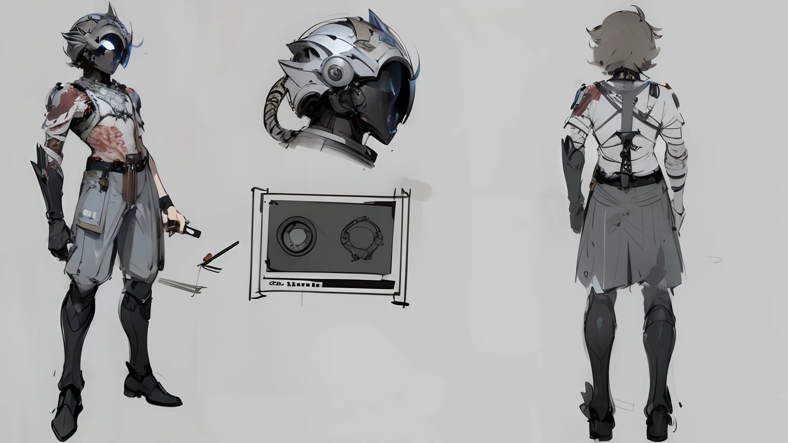 A sketch of a figure wearing a costume with a helmet and sword, object concept art, concept art for a video game, hori + concept-art, expert high detail concept art, videogame concept art, indie concept art, konami concept art, detailed conceptual drawing, ( ( Cinematic ) ) concept-art, indie game concept art, high detail concept art, video game character concept