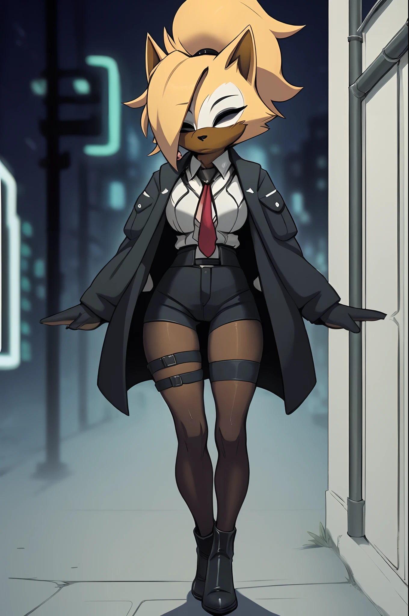 intricate details,(detailed background:1.3),realistic,city street,by rikose,neon lights,depth of field,(neon light on the body:1.1),sharp focus,serious,leaning on wall,standing,neon lighting on body,shadow,furry female,
(solo female:1.1),by sundown \(artist\),full length portrait,whisperthewolf,dark brown fur,blonde hair,ponytail,hair over one eye,closed eyes,white fur near the eyes,black cloak,mask on top of head,white shirt,
pantyhose,
thigh strap, tall female,(muscular female:1.2),black gloves,black boots,big muscles,