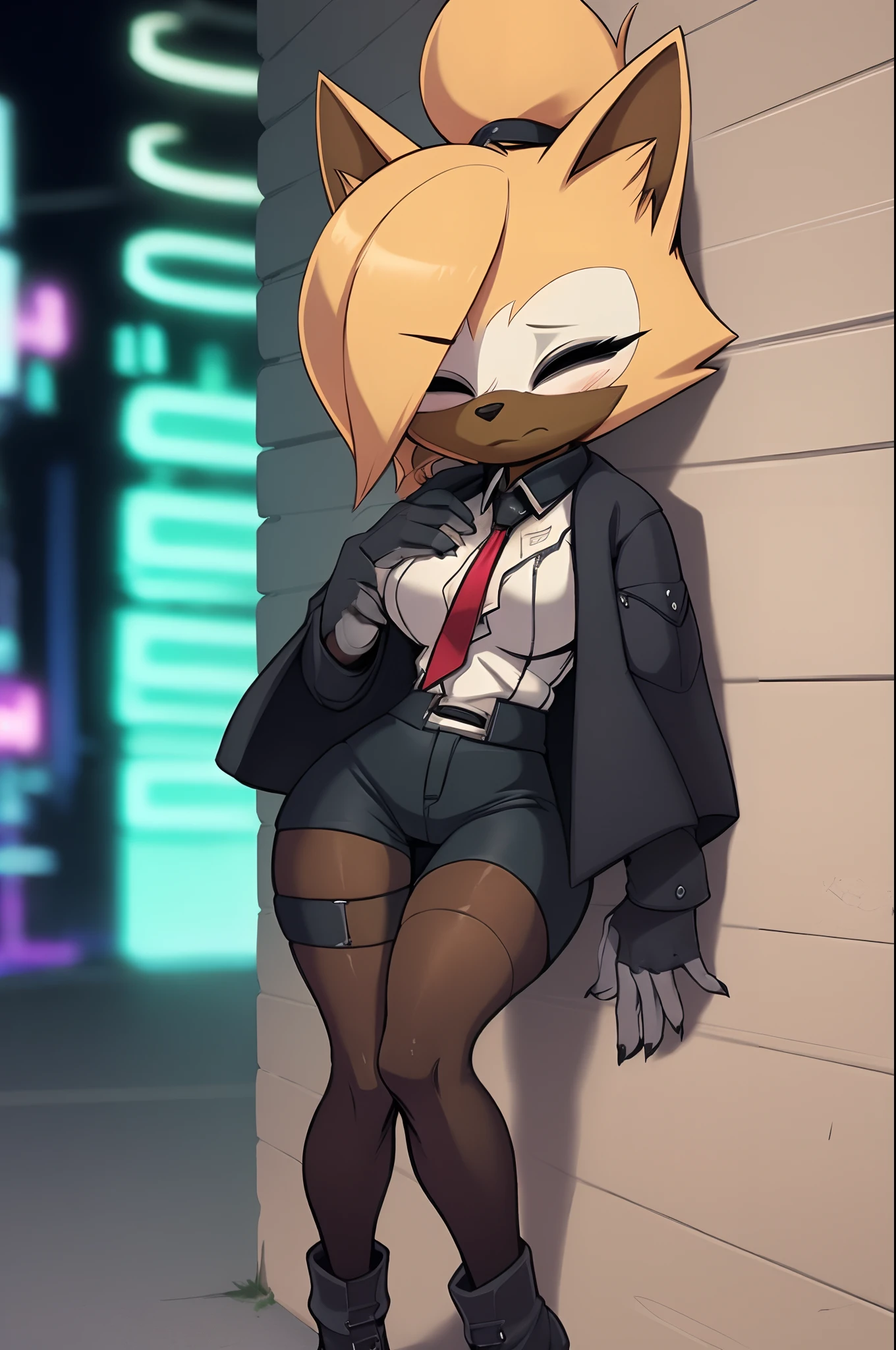 intricate details,(detailed background:1.3),realistic,city street,by rikose,neon lights,depth of field,(neon light on the body:1.1),sharp focus,serious,leaning on wall,standing,neon lighting on body,shadow,furry female,
(solo female:1.1),by sundown \(artist\),full length portrait,whisperthewolf,dark brown fur,blonde hair,ponytail,hair over one eye,closed eyes,white fur near the eyes,black cloak,mask on top of head,white shirt,
pantyhose,
thigh strap, tall female,(muscular female:1.2),black gloves,black boots,big muscles,