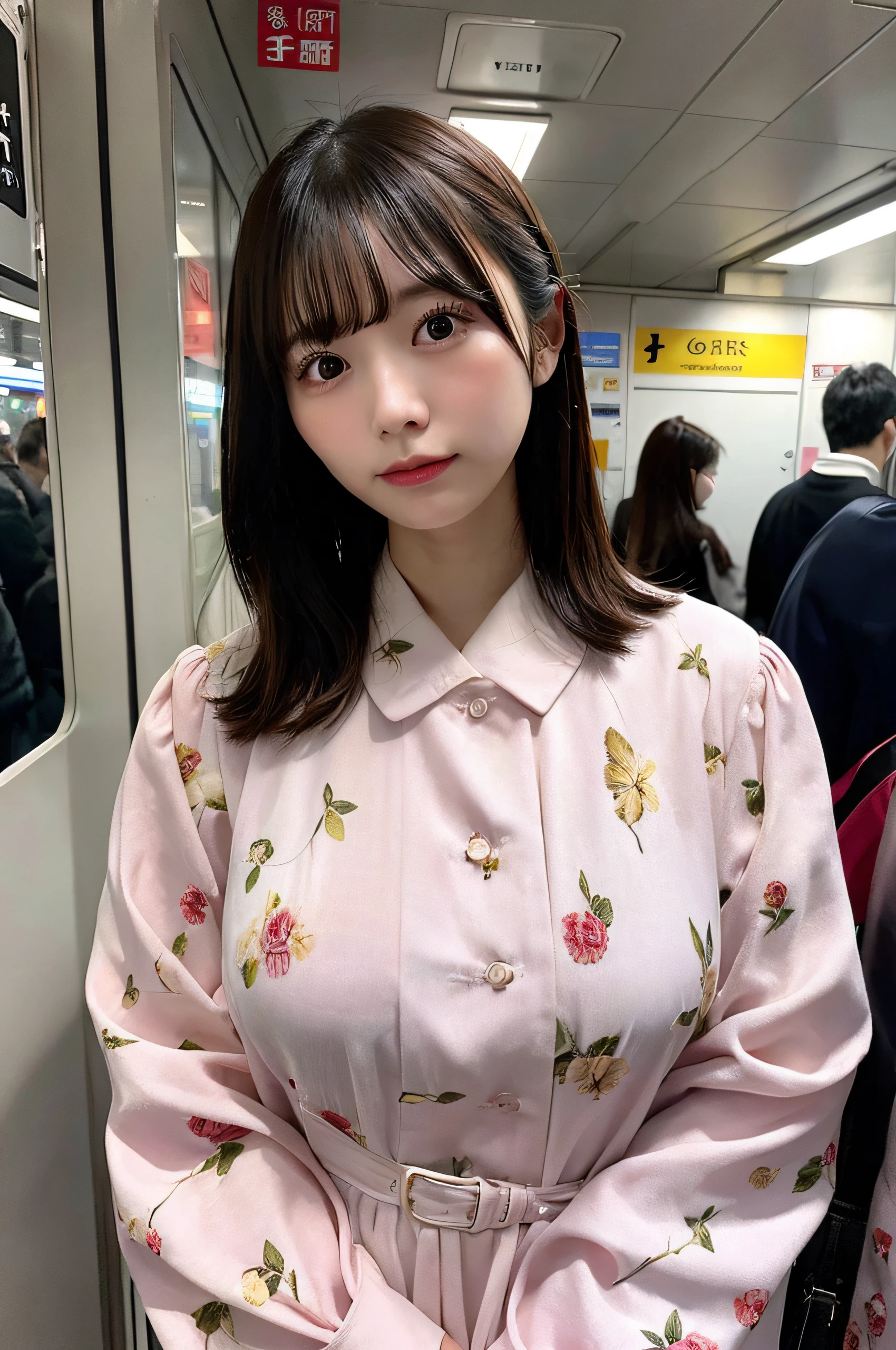 huge tit、g-cup、22year old、japanes、Wearing a dress、Standing in front of me on a crowded train、I'm looking from above、Hands on chest