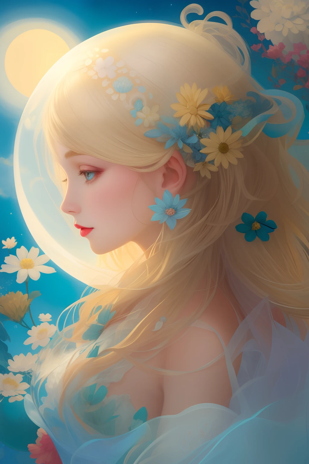 Moon fairy, isometric shot inside a glass jar looking out, gossamer, blue chrysanthemum, nighttime, stardust. Fairytale, rococopunk, delicate studio artist model. Best quality, oil painting on canvas. Coby Whitmore, Ray Caesar, Lichtenstein, Fragonard, Van Gogh. Surrealism. Exquisitely detailed luminous portrait moon. Moon, clouds, waves, ocean, glow, bioluminescence. 18th century masterpiece, Vogue fashion illustration, delicate embroidery. Perfect red lips, Perfect face, delicate face, perfect eyes, detailed pupils. By Maya