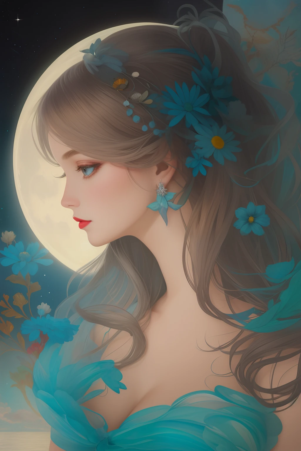 Moon fairy, isometric shot inside a glass jar looking out, gossamer, blue chrysanthemum, nighttime, stardust. Fairytale, rococopunk, delicate studio artist model. Best quality, oil painting on canvas. Coby Whitmore, Ray Caesar, Lichtenstein, Fragonard, Van Gogh. Surrealism. Exquisitely detailed luminous portrait moon. Moon, clouds, waves, ocean, glow, bioluminescence. 18th century masterpiece, Vogue fashion illustration, delicate embroidery. Perfect red lips, Perfect face, delicate face, perfect eyes, detailed pupils. By Maya