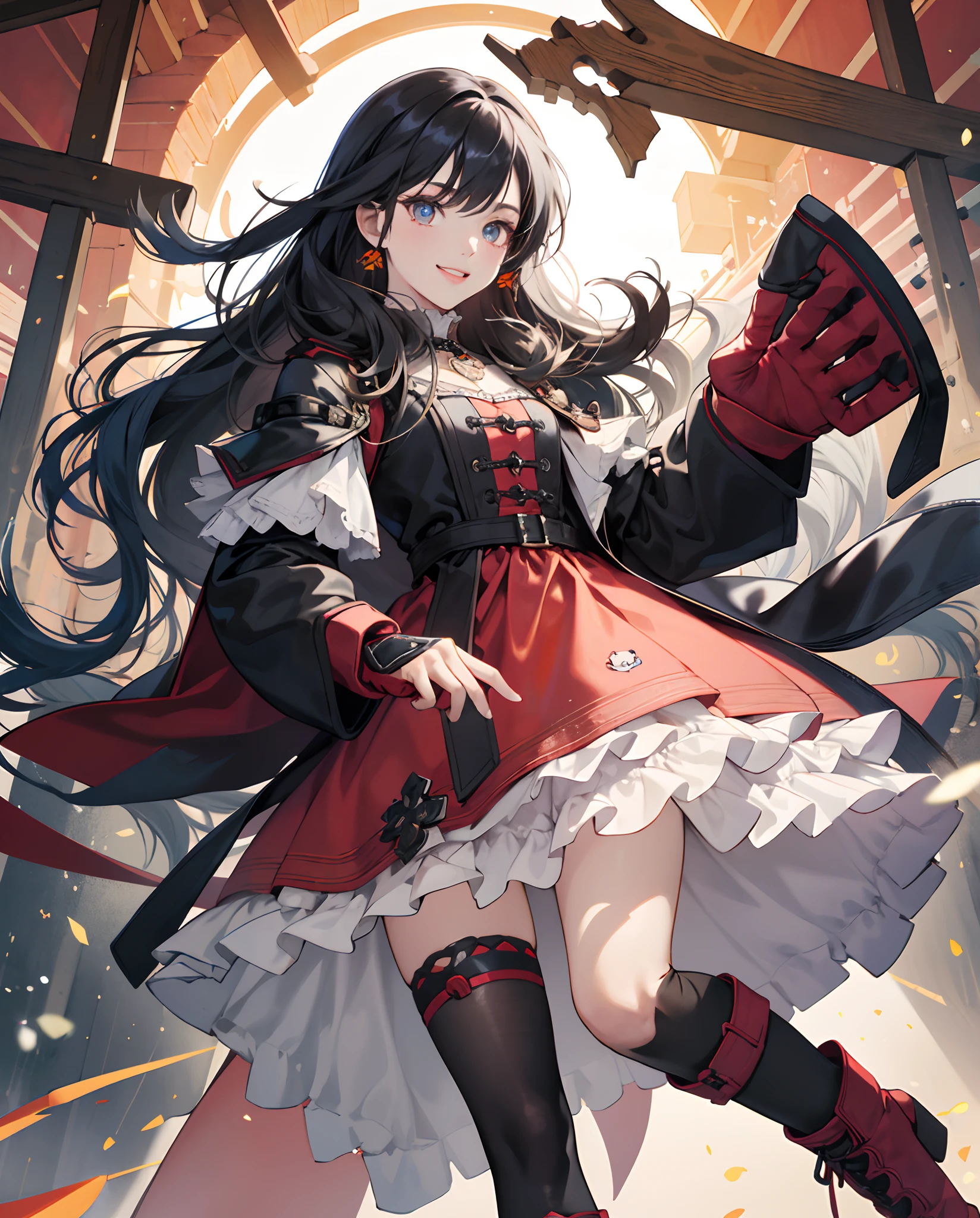 1girl, Guantes, tiene, cabello rubio,mangas largas, guantes marrones, vestido, Colas gemelas bajas,ojos rojos, orejas puntiagudas, Cabello largo, Botas hasta la rodilla, Legwear acanalado, A cheerful illustration by Klee