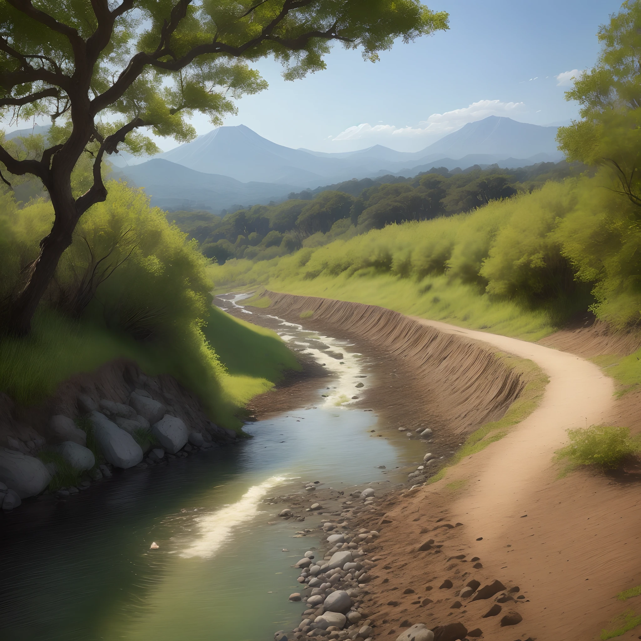 River close to hillside bank and runs deep and green, has yellow sand, narrow pool of water, golden foothill slopes, rocky balian mountains, willows and sycamores, lizards and rabbits, tracks of raccoons, dogs and deer, hard-beaten pathway of tracked boys, horizontal limb of sycamore worm from men sitting on it, and ash pile made by fires in front of the sycamore limb