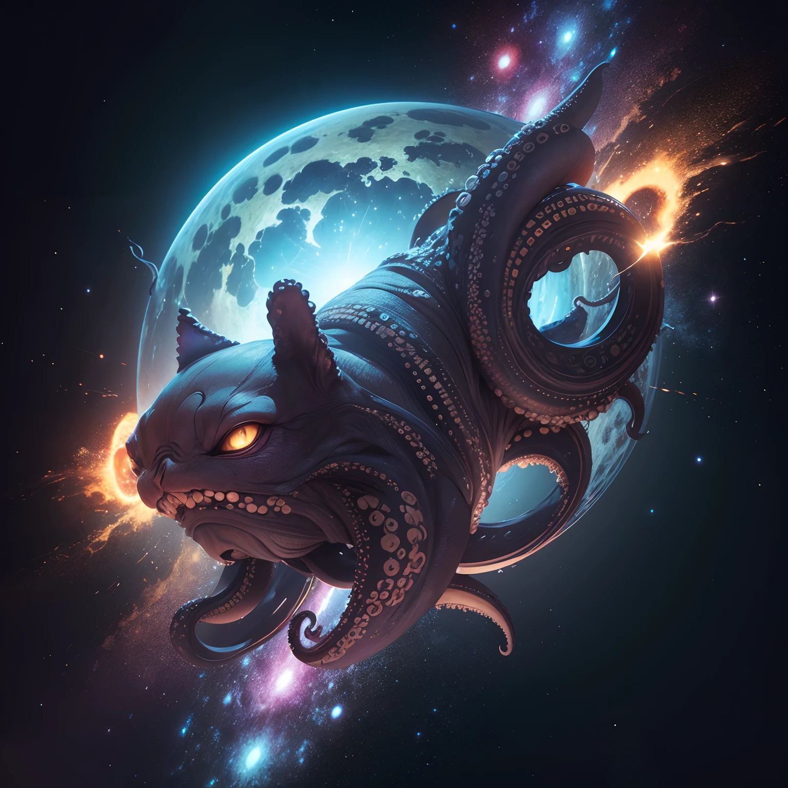 The alien is a creature that is a combination of a cat and an octopus, and his name is Goose. galaxy, plane, finest image, (8k, RAW photo, realistic), detailed and delicate depiction and flashy and dynamic painting method