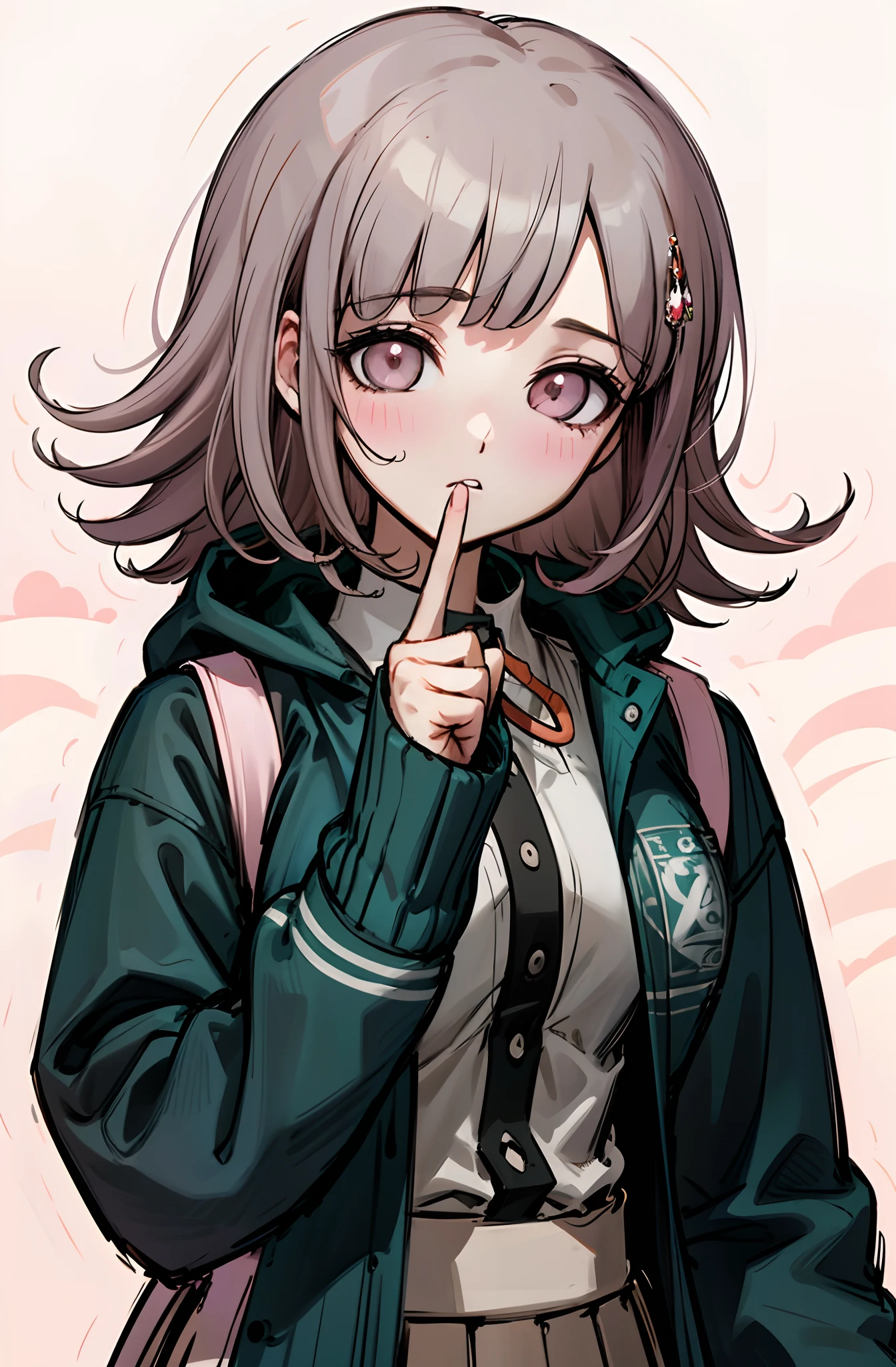 Chiaki nanami en un restaurante comiendo mientras mira al espectador, Obra maestra, La mejor calidad, 4k, 8k, 1girl, pelo corto, Pale mauve hair that curls slightly outward, aunque los mechones a ambos lados de su cara se enroscan hacia adentro, Flor de ojos rosados, Camisa blanca abotonada con tapeta delantera gris turquesa oscura, pale beige pleated skirt, Dark turquoise grey hooded jacket with one button, Mirando al espectador,PLUS_Detalles:-1, PLUS_Detalles:0, PLUS_Detalles:0.5, PLUS_Detalles:1, PLUS_Detalles:1.5,Chiaki Nanami, Nanami Chiaki