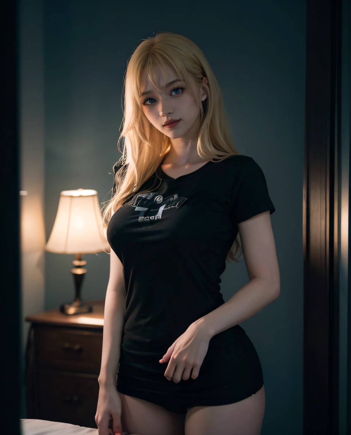 1girl, (Blue eyes), (Smile), (Sana Minatozaki), wide , Big , big , round , (Best Quality, 8k, Masterpiece: 1.3), perfect hands, Clear Focus: 1.2, Perfect Body Beauty: 1.4 , Slender Abs: 1.2, Highly detailed face and skin texture, detailed eyes, double eyelids, (close up at face), (blonde long bangs hair), (black t-shirt), standing, ((((low key,dark scene,dimly lit)))), (((soft lighting:1.4)))