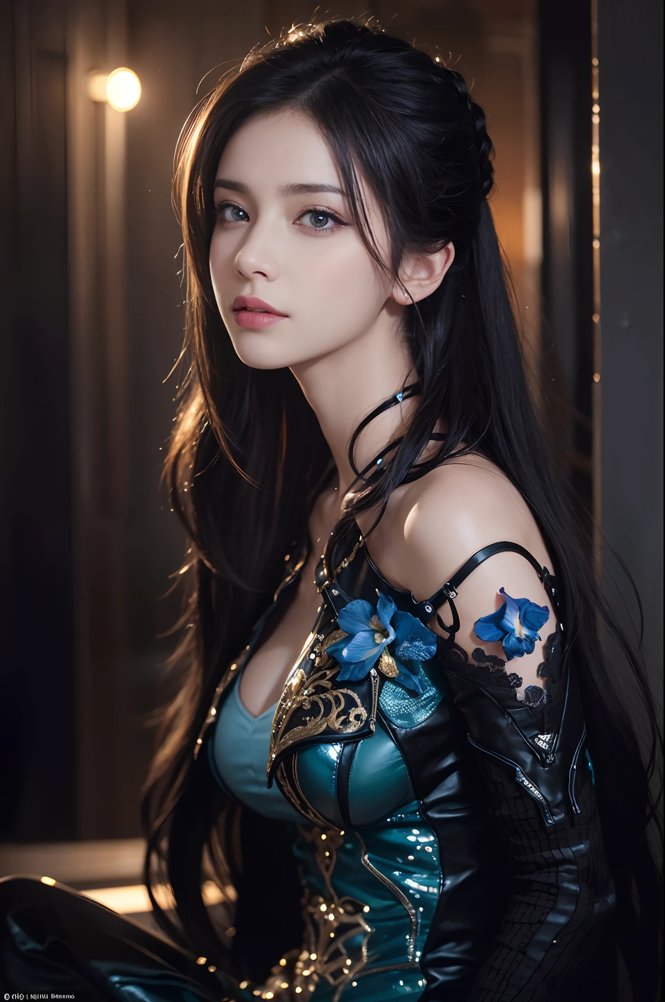 (dent in the skin:1.5), Realistic, realisticlying, (tmasterpiece:1.5), concept-art, Complicated details, highly detailed, realisticlying, rendering by octane, 8K, unreal-engine, dynamicposes, best qualtiy, A high resolution, (Realistic face:1.1), (hyper realisitc:1.1), (full_Body)), perfect eyes,(shiny skins:1.2), (((Hairstyles))), (((perfect hand))), (very highly detailed background), ((Dynamic background)), (llight rays), ((Detailed eyes, high-quality eyes, face with high quality)), (((Flowing hairstyle))), Epic, depth of fields, Bokeh, 4K, gotik, Mountain background, salama, Glowing blue iris, is in night,Smile,