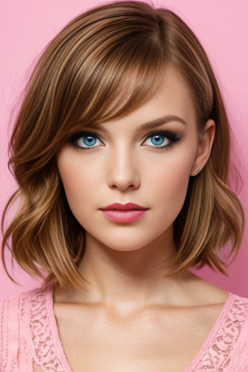 Petite 30 year old woman with short strawberry blonde hair and striking blue eyes wearing eye liner, pink lips