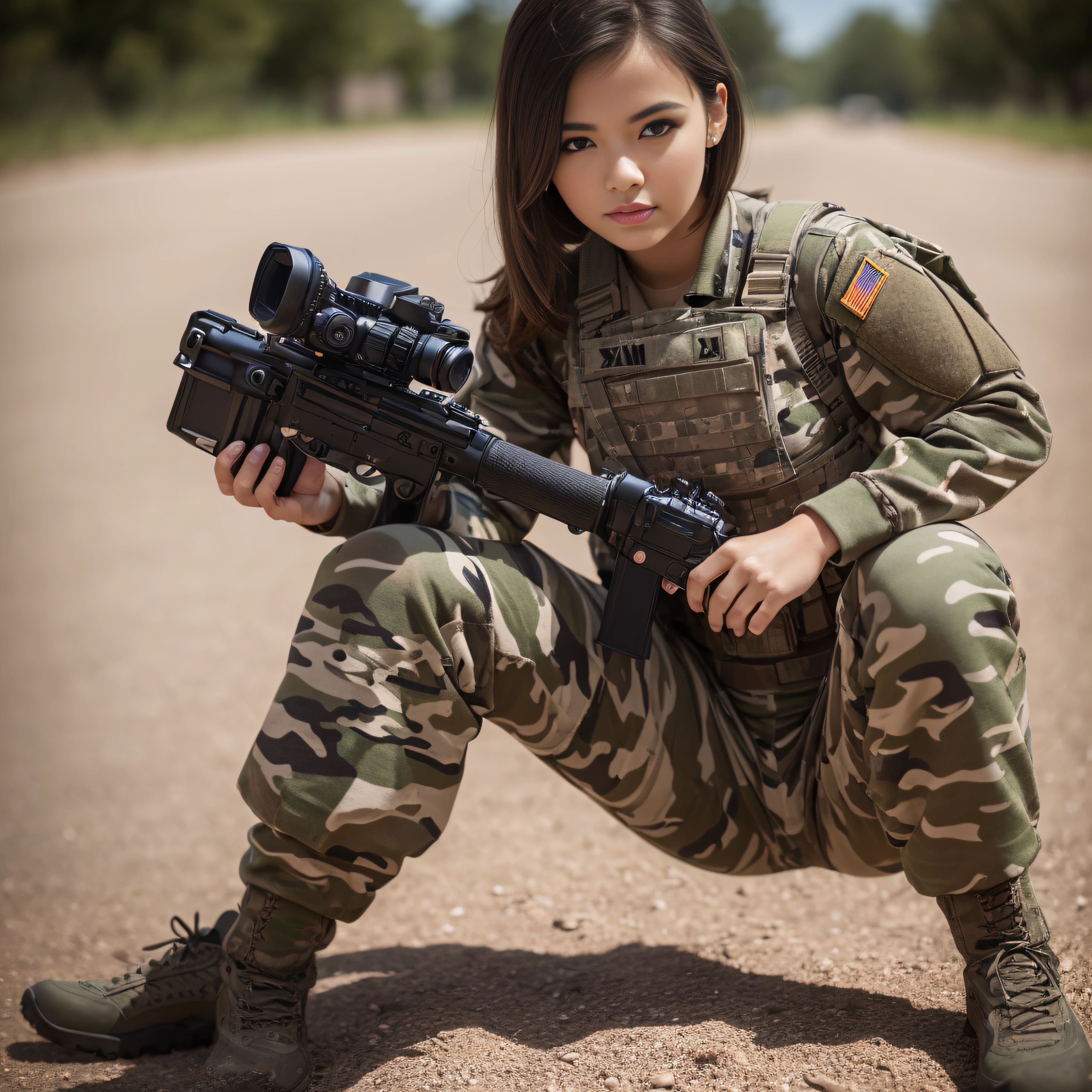 (Photorealistic), Beautiful lighting, Best Quality, Realistic, Full body portrait, real picture, Intricate details, depth of fields, 1girl in, On a warm day, Very muscular soldier girl with a haircut, Fatigue of the army wearing summer camouflage, Camouflage Plate Carrier Rig, Combat gloves, (Magazine Pouch), (Kneepads), ighly detailed, Perfect face, Blue eyes, Lips, wide hips, Small waist, tall, make up, Tactic, FUJI XT3, Outdoors, bright day, Beautiful lighting, Raw photo, 8K UHD, Film grain, ((Bokeh))