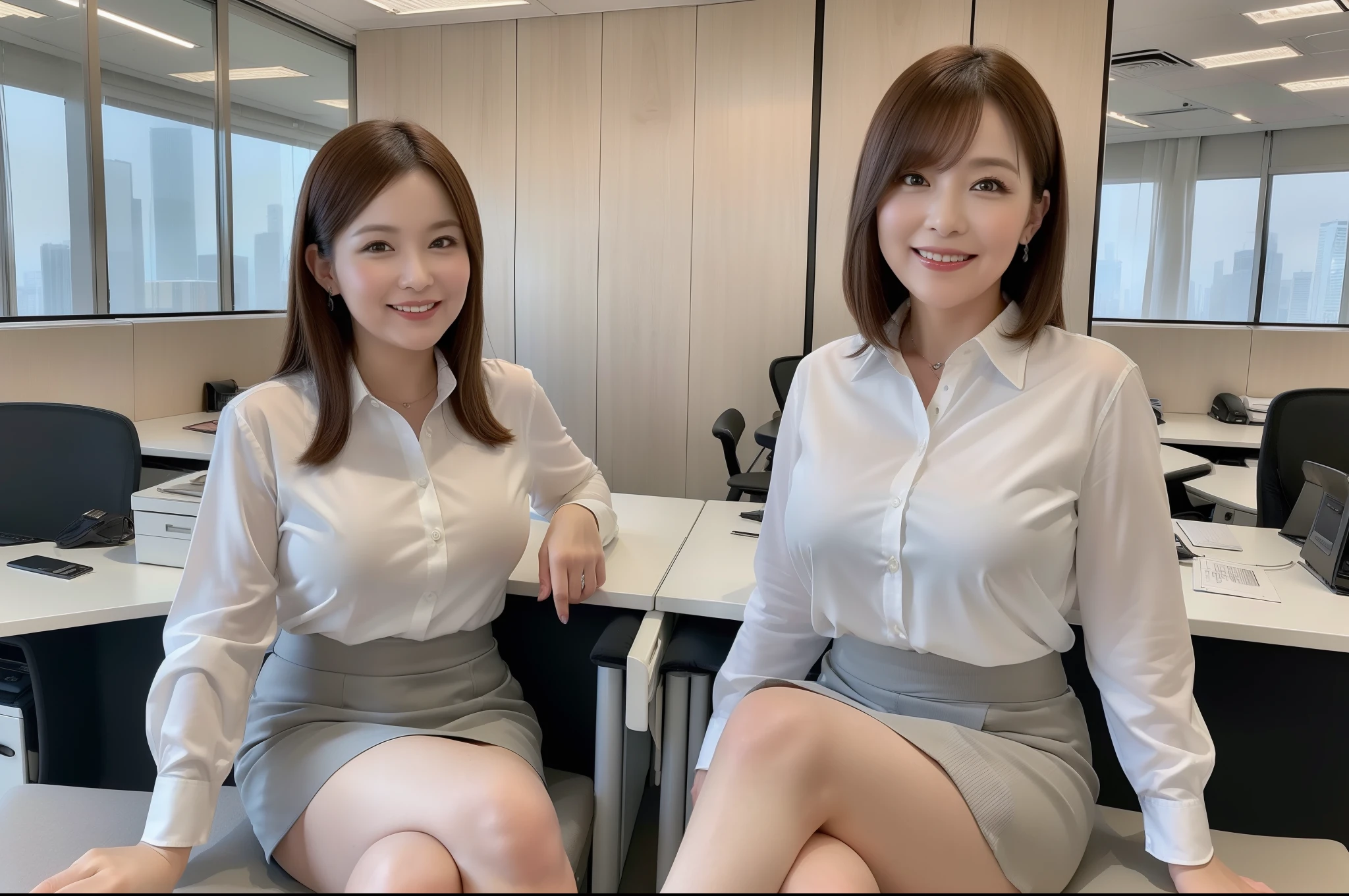 ((highest quality, 8k, Representative works in detail, Ultra-high resolution)), (Group photo), (Looking at the audience), (Mid Shot:), Women only、魅力的なビジネス5 women, 5 women, A little chubby:0.25, White collared shirt, Grey Skirt, (Sitting cross-legged at an office desk)), smile, office with computer,