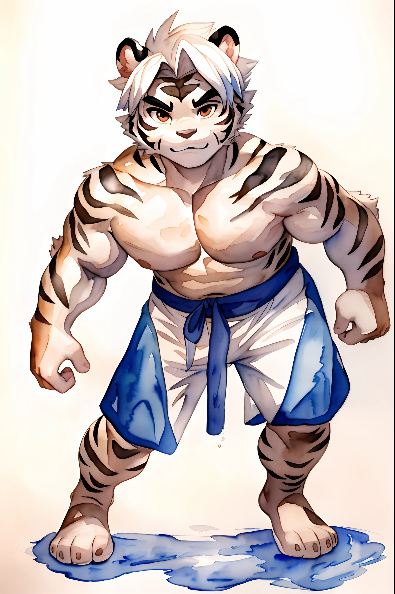 Hominidae, Pose for Camera. 4K, high resolution, Best quality, posted on e621, (Anthropomorphic white tiger:1.2), male people, 20yr old, Thick eyebrows, Light blue stripes, Ultra-short hair, shaggy, Strong body, large pecs, ((Shirtless)), He is practicing Japanese kendo, Pink milk clusters, sweat leggs, white leggings underneath, Small raised, In the gym, 独奏,  (sport, Muscular, Heavyweight:1.2), Correct anatomy, (White background, Watercolor background:1.1), (by Chunie, author：Taran Fidler:0.8), (Detailed eyes:1.2), Sexy, (cel-shaded:1.2), cartoon shading, (aquarelle:1.2), Serious expressions, Be red in the face, (view the viewer:1.2)