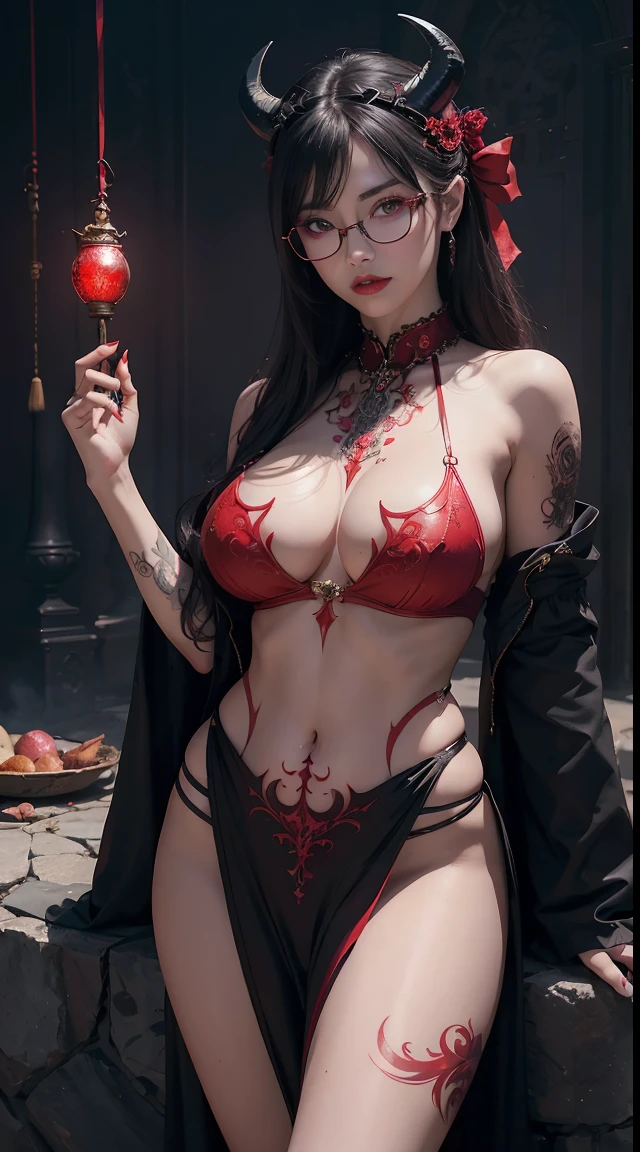 Fine、(The best illustrations)、8k UHD resolution、intricate-detail、top-quality、realisitic、ultra-detailliert、The best lighting、Best Shadows、Soft lighting、Ulutra HD、1 beautiful devil woman from hell, surreal female portraits by David Hockney and Alphonse Mucha, Fantasy Art, Chinese Doll、Dungeon and Dragon、Devil's Palace、Devil's Torture Chamber、magia、 A Necromancer、natta、Dark style、Succubus、Devil's Daughter、Bat Wings,(((Demon Horns)))、((((black-rimmed round glasses))))、(((Colossal tits)))、(Devil's Tail)、(red eyes glowing:1.6)、 intricate tattoos, demonic intricate tattoos, thigh tattoos, body tattoos, masterpiece、beautiful countenance、Muscular seductive body、The enchanting body of the devil、Seductive Black Magic Costume、A shiny red snake is wrapped around her hand、Tindall Effect、photos realistic、(High Detail Skins:1.2)、 (Intricate details, makeup, pureerosface_v1:0.5), (Detailed beautiful delicate face, Detailed beautiful delicate eyes, A perfectly proportioned face, High detailed skin, Detailed skin, best ratio four finger and one thumb, arms below breasts, Tattoo with a red glow under the stomach、Awesome awesome, wide hips, smooth midriff, skiny and thin, __Fashion__, __hair__:1.25)、Digital SLR、hightquality、a picture、hight resolution、 absurderes、Ponytail distortion、1人、Red sparkling gemstone necklace、jewely、Beautiful expression、Body Up、Large breasts emphasis、Toned waist、Wide buttocks、Devil's Tail、intricate tattoos, demonic intricate tattoos, thigh tattoos, body tattoos, effect、Photorealsitic、(High Detail Skins:1.2)、In the Dark, lowkey, cowboy lens, (Black Phoenix Dress: 1.0), Seductive Black Magic Costume、Long hair, Black hair, Bust, Devil's Palace, devil crown, red eyes make up very sharp and detailed, The most beautiful face, Super tight breasts, Breast augmentation surgery, The breasts are very big and round and round, Black magic costume、Super realistic , Charming smile, The eyes are very well made up, ((Red Eye:1.0)), guweiz, devil style,Muscular seductive body、 wearing black mesh socks, Ponytail with a bow tied at the back of the hair, plump beautiful red lips, wearing a thin red and black robe, Hands pull the straps to expose sexy breasts, A shiny red snake is wrapped around her hand、the landscape is overcast and thunderous, Beautiful female demon portrait, Protagonist Close-up, (Detailed spooky backgrounds:0.8), nffsw, nffsw, The 8k quality, detailed pixel, Meet beautiful girls, Look at the girl's body,Emphasis on large breasts、Tattoo with red glow、Tattoos, intricate tattoos, demonic intricate tattoos, thigh tattoos, body tattoos,Devil's Tail、Body Up、A glowing red snake wrapped around her hand、Beautiful female demon portrait, Portrait of a woman in a buggy , Fantasy Art, Chinese Doll、Protagonist Close-up, (Detailed spooky backgrounds:0.8),