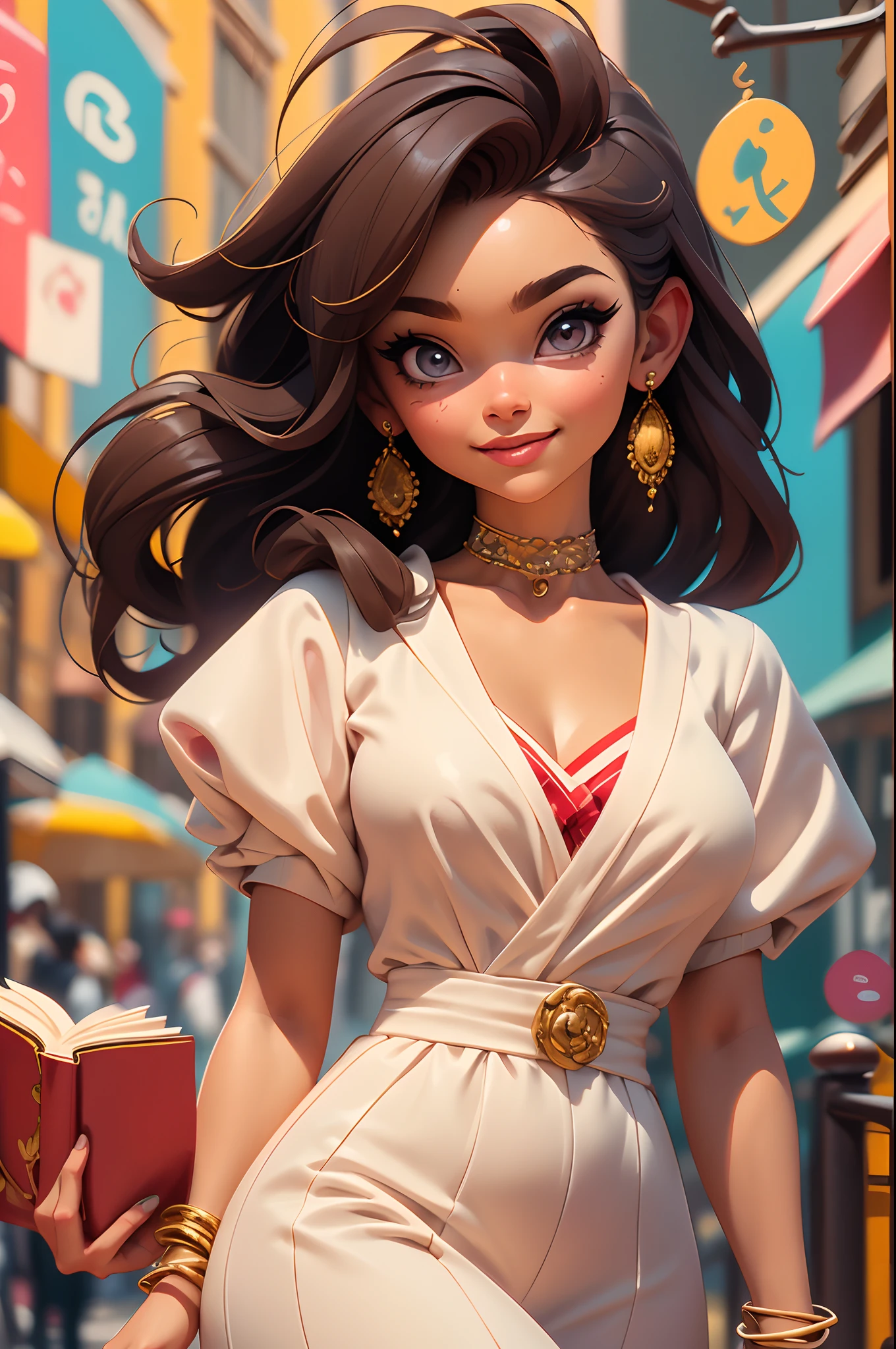 Cute puppy. Beautiful puppy. Adorable puppy. Portrait of a woman in a white dress, Slender hands holding a book, Express beauty and power. Detailed portrait of an indigenous woman in cartoon style, com olhos bonitos, Fast brushstrokes and vibrant colors. Cute puppy. Beautiful puppy. A masterpiece of cute puppies, There are red and white furs. Italian girl poses, Detailed face, Dark hair, atheletic body, Wearing red flannel and jeans. Soft hair, Happy smile, Lovely Italian cuisine.