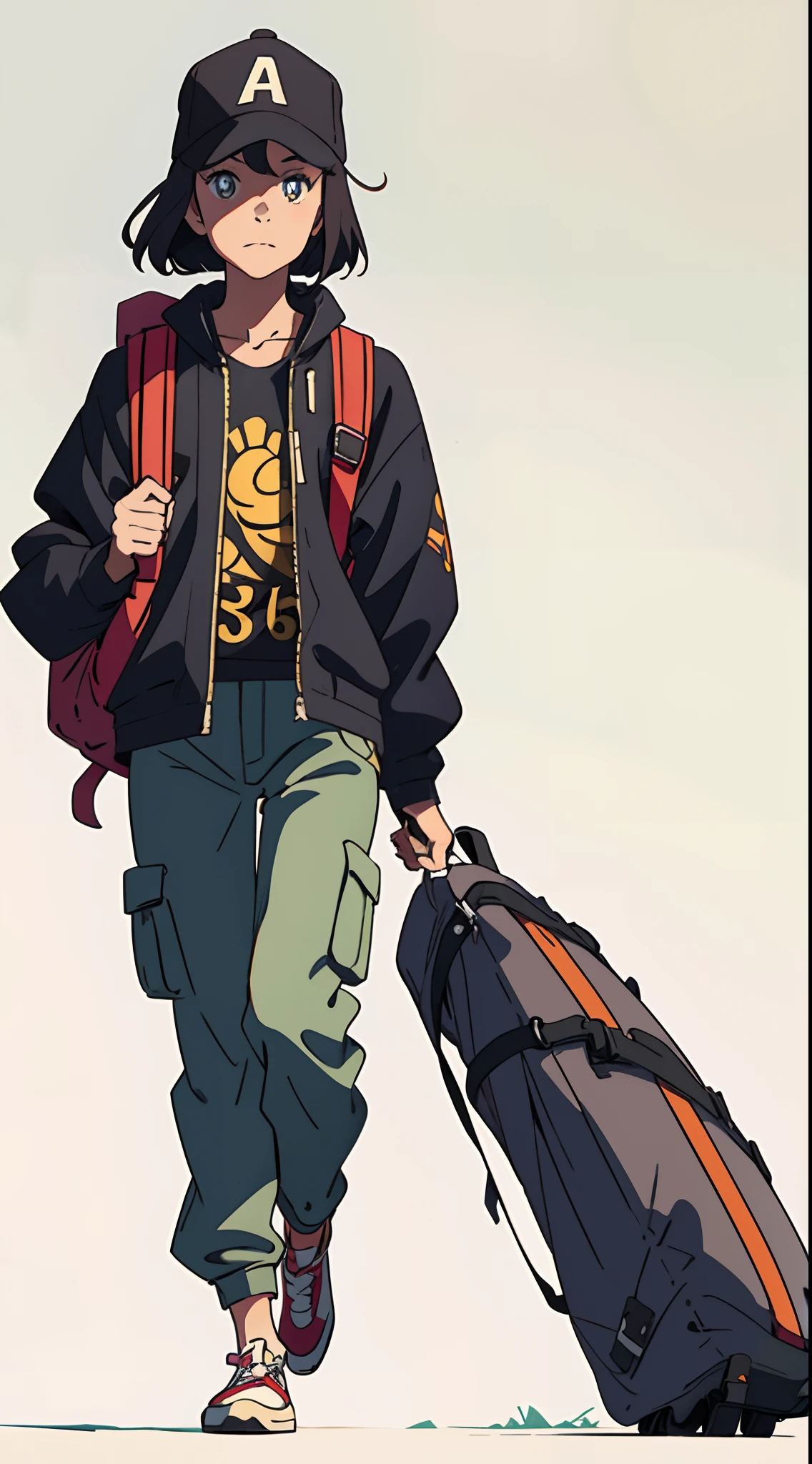 arafed woman walking with a backpack and a backpack on her back, with a backpack, a man wearing a backpack, distant full body view, baggy clothing and hat, full - body and head view, 155 cm tall, casual clothing style, 165 cm tall, wearing a baggy, baggy, zoomed out full body, anime girl, anime, 2d, anime char, waifu,