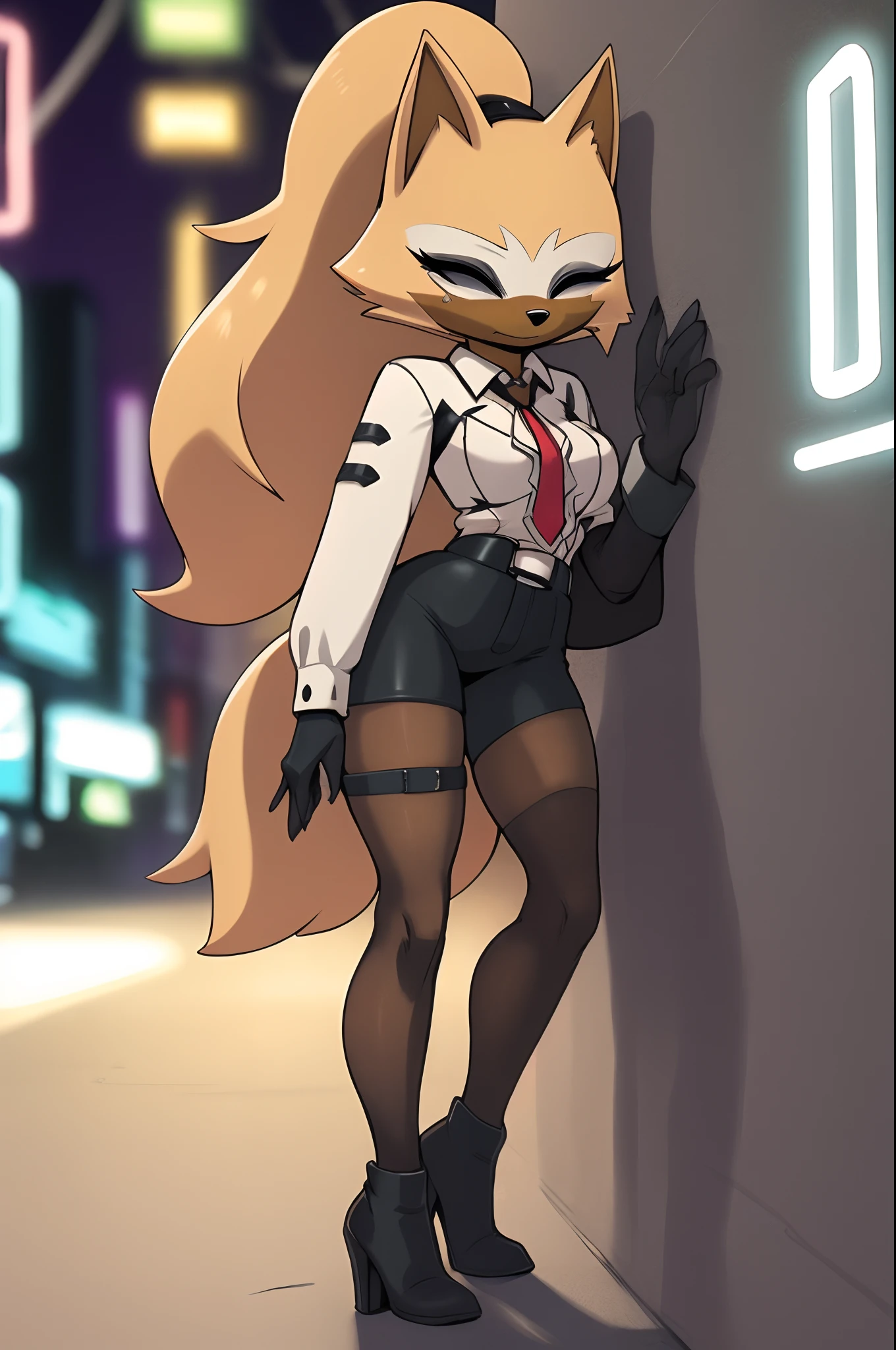 intricate details,(detailed background:1.3),realistic,city street,by rikose,neon lights,depth of field,(neon light on the body:1.1),sharp focus,serious,leaning on wall,standing,neon lighting on body,shadow,furry female,
(solo female:1.1),by sundown \(artist\),full length portrait,whisperthewolf,dark brown fur,blonde hair,ponytail,hair over one eye,closed eyes,white fur near the eyes,black cloak,mask on top of head,white shirt,
pantyhose,
thigh strap, tall female,(muscular female:1.2),black gloves,black boots,big muscles,