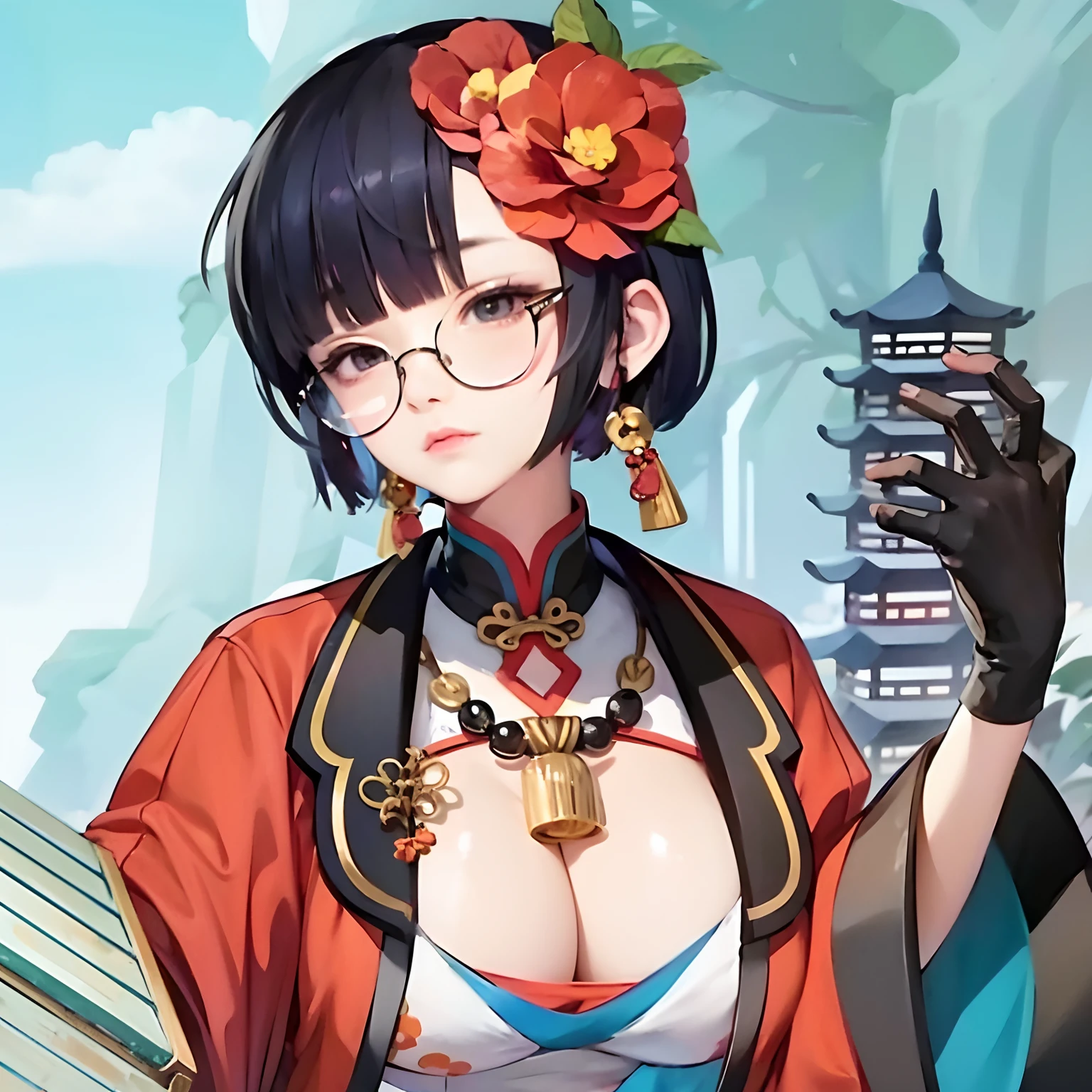 Asian girl black short hair chinese clothes with frowning face and big boobs