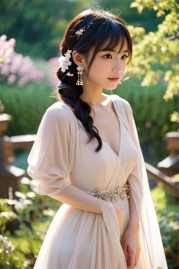 A half-Japanese beauty popular among Japanese men, exhibiting elegance and a captivating allure. She is wearing a stylish and tasteful dress that accentuates her femininity and mixed heritage. Her features are a perfect blend of Japanese and other ethnic traits, making her both charming and attractive. Her posture is confident and graceful, with a subtle yet enchanting presence. The setting is sophisticated, highlighting her beauty and elegance, with soft lighting that enhances her enchanting appearance.