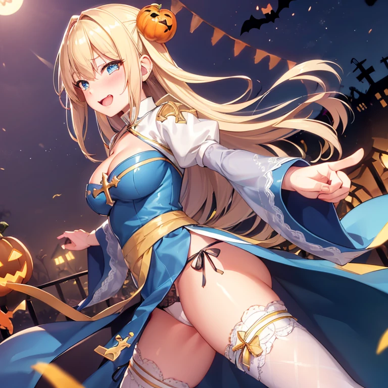 Texture CG, ((ultra-detailliert)), ((masutepiece)), (extremely details CG), 1girl in, Solo, Fantasy, blond Long Hair, (((White Puff Sleeves))), Ragnarokács, Pointing Pose:1.5, both hands in front, ((Halloween Party)), Lori, , Loli face, Curve, Beautiful detailed eyes, gleaming skin, with eyes half-closed, blank eye, Cross-eyed:1.5, Blue eyes, lightsmile, embarrassed:1.4, , white thigh highs, Gold Sash, Cowboy Shot, Huge breasts,Breasts out, hair between eye, White blue dress from neck to chest, Standing, pelvis curtain, (from the front side:1.5), cleavage cutout, Long blue skirt with slit, (Bule Wide Sleeve), ((Blue Dress Short Front)), Torn clothes, Spread legs,Cross, plein air, Cemetery at night,,Pantiles,No Underwear,Show off panties,pantyshot,From below,