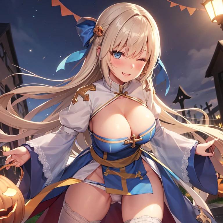 Texture CG, ((ultra-detailliert)), ((masutepiece)), (extremely details CG), 1girl in, Solo, Fantasy, blond Long Hair, (((White Puff Sleeves))), Ragnarokács, Pointing Pose:1.5, both hands in front, ((Halloween Party)), Lori, , Loli face, Curve, Beautiful detailed eyes, gleaming skin, with eyes half-closed, blank eye, Cross-eyed:1.5, Blue eyes, lightsmile, embarrassed:1.4, , white thigh highs, Gold Sash, Cowboy Shot, Huge breasts,Breasts out, hair between eye, White blue dress from neck to chest, Standing, pelvis curtain, (from the front side:1.5), cleavage cutout, Long blue skirt with slit, (Bule Wide Sleeve), ((Blue Dress Short Front)), Torn clothes,  Spread legs,Cross, plein air, Cemetery at night,,Pantiles,No Underwear,Show off panties,pantyshot,From below,