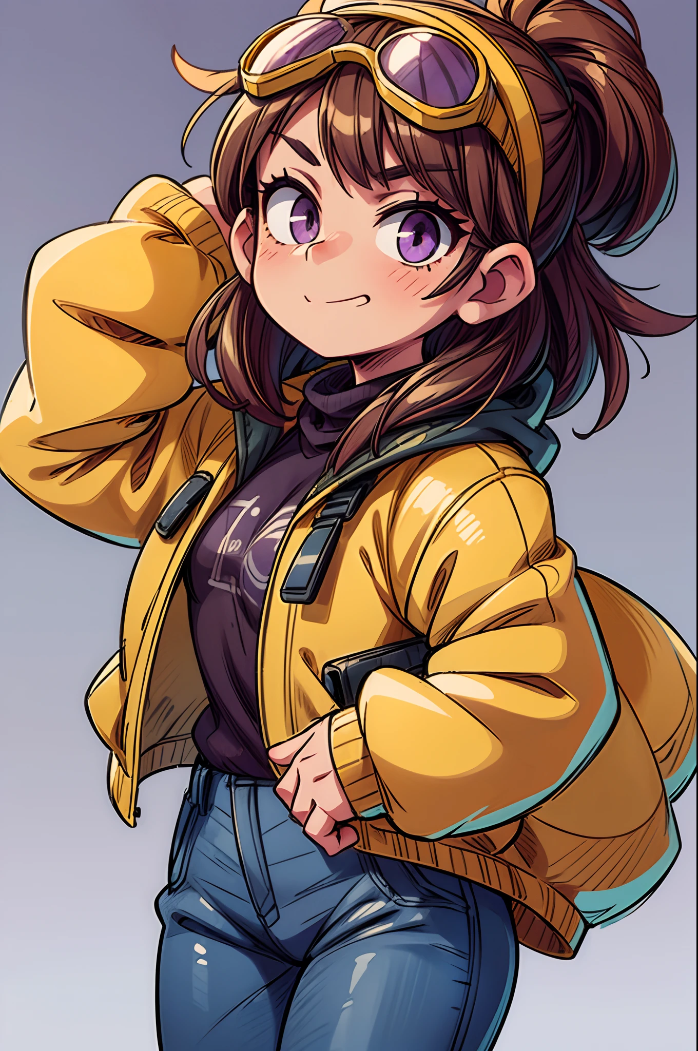 ((Best Quality, 8K, Masterpiece)), ((1girl)) in a yellow coat, black oversized jeans, goggles on head, with brown short hair, the eyes are purple, smug expression, white background, flat color, limited palette