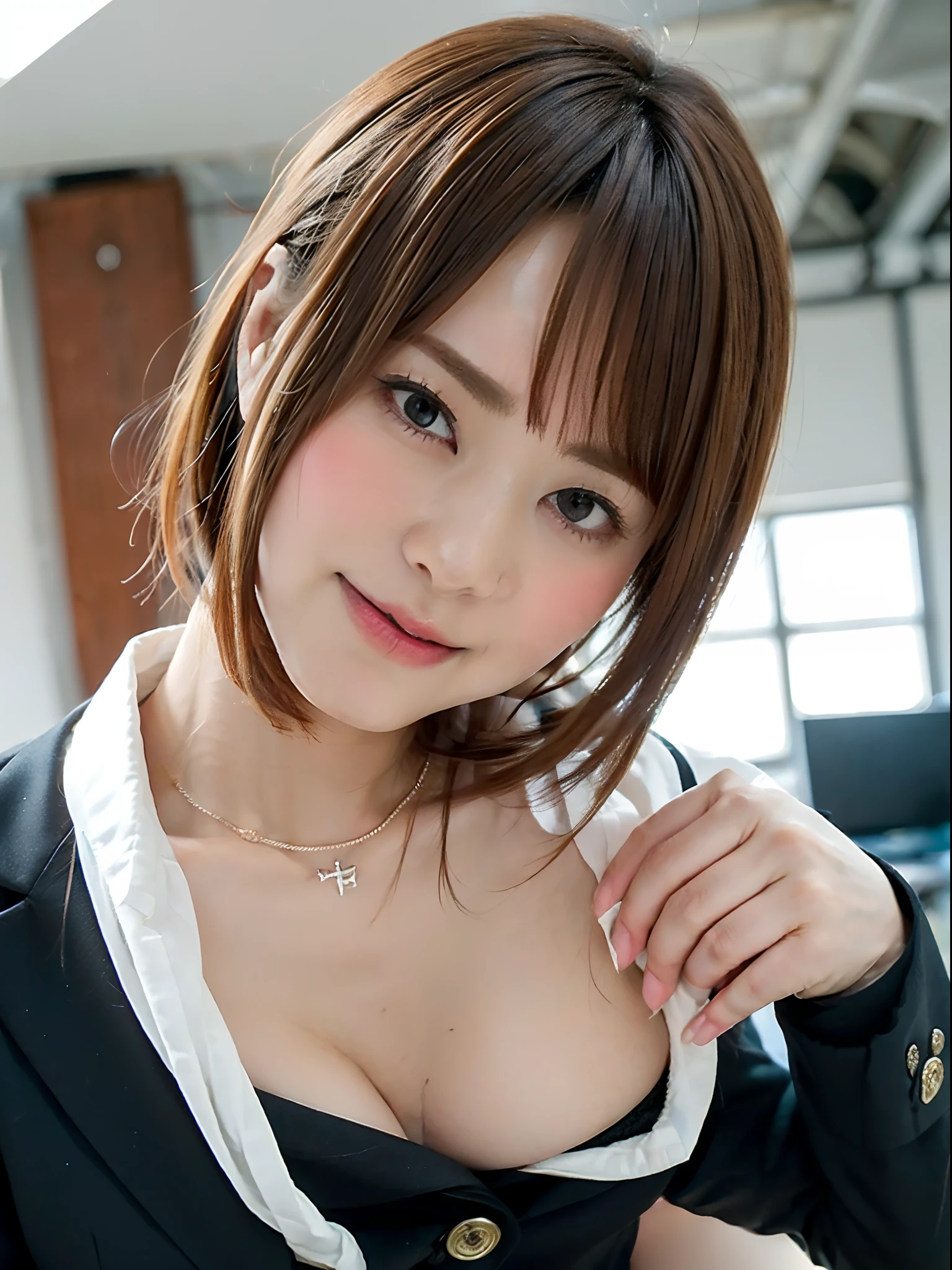 (Photorealistic quality, Fidelity 1.9, Ultra high precision CG unified 8K wallpaper)、top-quality、超A high resolution、Raw photo、(Authentic skin texture:1.3)、(Immersive atmosphere:0.8、Chiaroscuro:1.2) 、(OL from Japan)、(looking at viewert)、Looking at the camera、Look at viewers、((embarrassed from:1.5))、A smile:0.3、((Reddened cheeks:1.3))、Textured skin、((Ceiling from below:1.2))、Office lady with beautiful Japan、Solo、hyperdetailed face、((Short hairstyle))、((In a black business suit:1.4))、(The body is facing the camera:1.5)、((Wear very small silk panties))、Bare legs、((up skirt))、((Woman Pulling Up Her Skirt))、((frombelow:1.4))、((Close-up in panties:1.56))