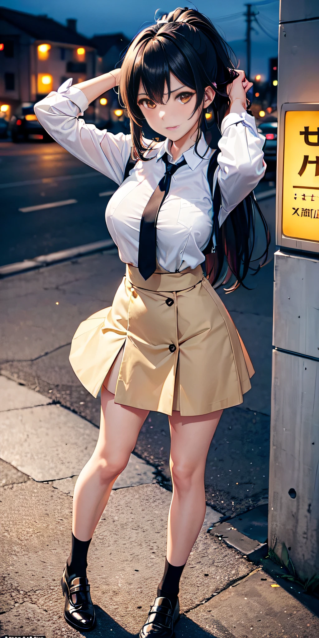 (((professional: step by step, final result god level))): "(Masterpiece, Best Quality), 1girl, sirase sakuya, black hair, Long hair, Ponytail, skinny, big breasts, White collar shirt, plaid miniskirt, tie, Looking at viewer, arms UP, (legs open standing:1.1), , juice, Socks, Shoes, clenched teeth, (frown, blush:1.2), yellow eyes, (street:1.2), night sky"