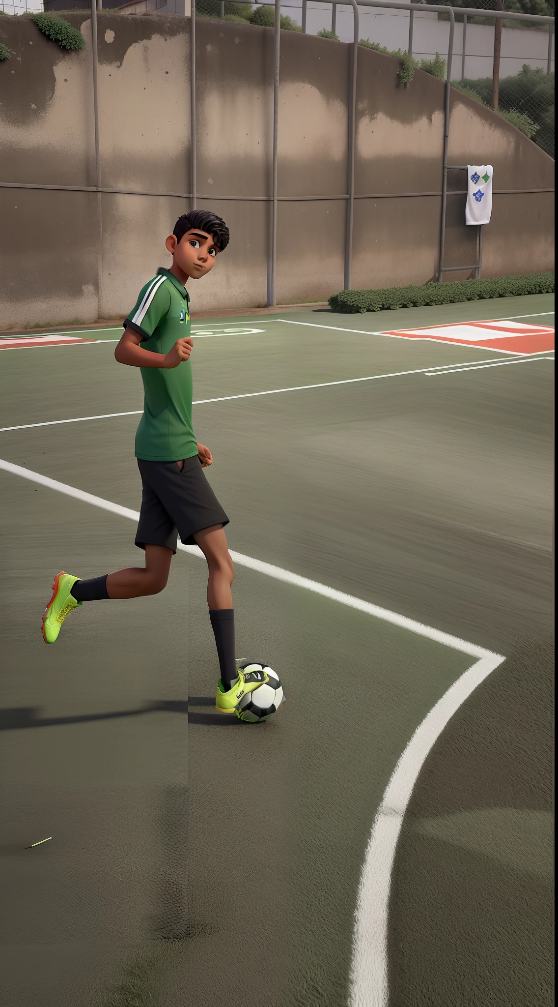 Um menino de anos moreno jogando futebol em um capo com a chuteira verde meiao preto shorts preto e camisa verde