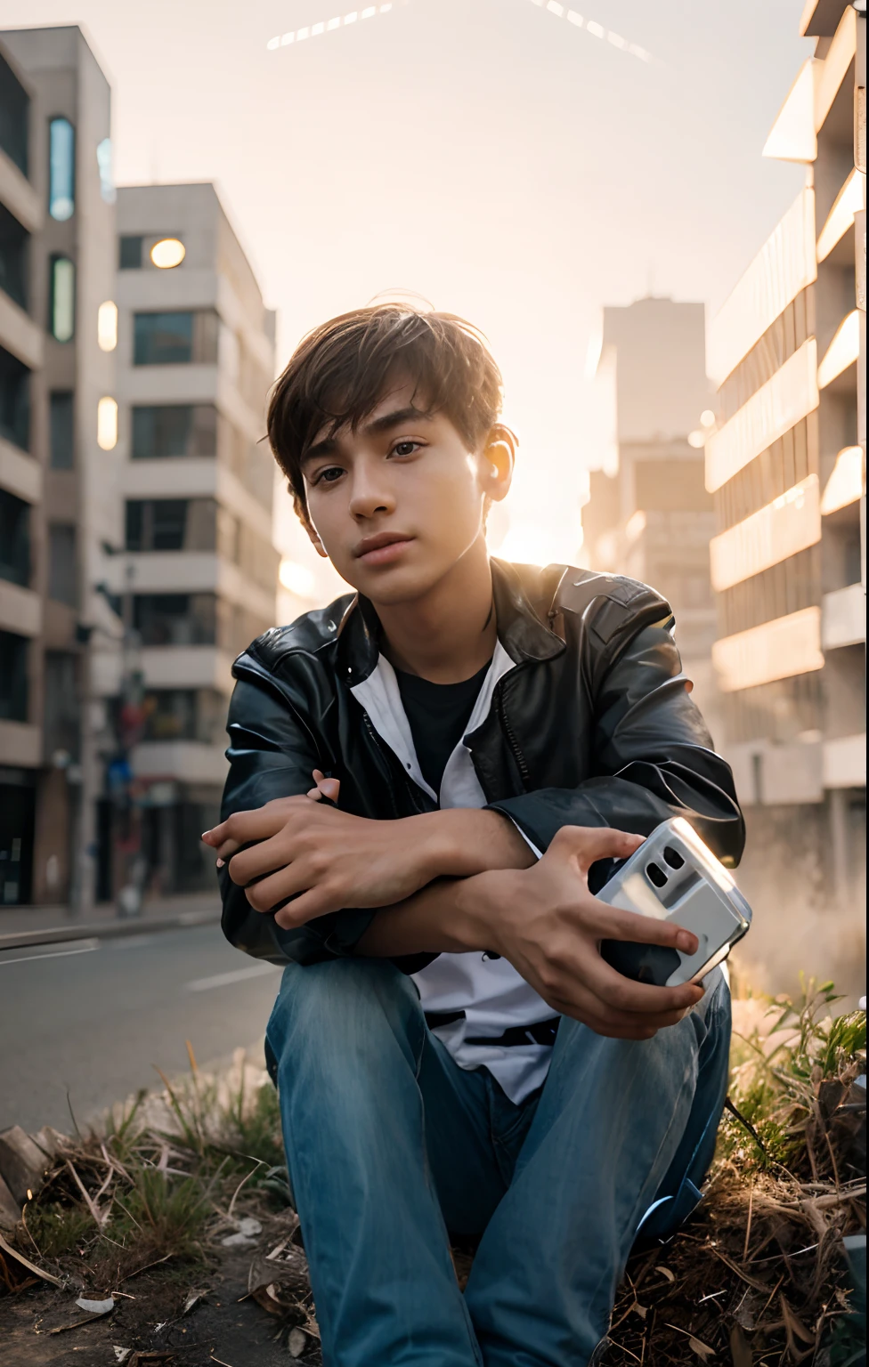 Boy with mobile futuristic background realistic face HD