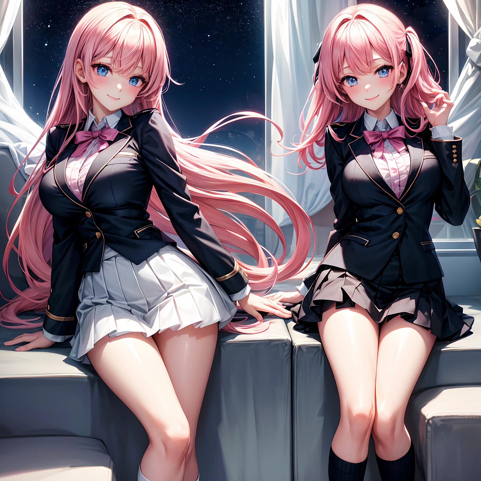 A starry sky，a beauty girl，anime a girl，Black Blazer，Ribbon on uniform，huge tit，a smile，Pink hair，blue eyess，beautiful a girl，She's an Angel，girl，Long，​masterpiece，Excellent style，Loose Socks，超A high resolution，