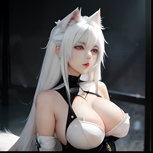 anime girl with white hair and black stockings sitting on the ground, vampire white fox, white - haired fox, white fox anime, white cat girl, guweiz on pixiv artstation, female anthropomorphic wolf, from arknights, angry high moral sexy werewolf, demon anime girl, very beautiful anime cat girl, trending on artstation pixiv