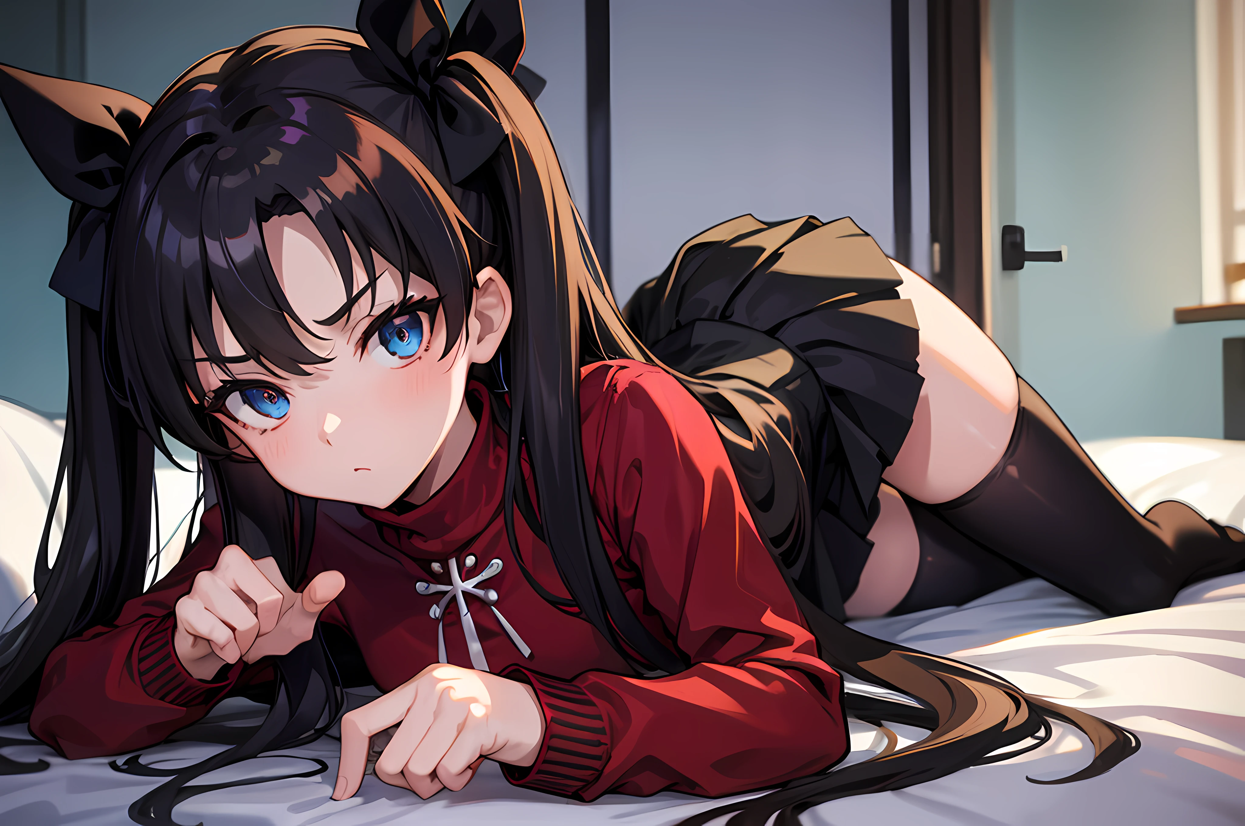 (masterpiece), best quality, expressive eyes, perfect face, 1girl, solo, rintohsaka, rin tohsaka, aqua eyes, black hair, hair ribbon, long hair, ribbon, sidelocks, two side up, black skirt, black thighhighs, long sleeves, miniskirt, pleated skirt, ((red sweater)), skirt, sweater, thighhighs, turtleneck, city background, on a bed, lying on your stomach, raised legs looking at viewer, dynamic view