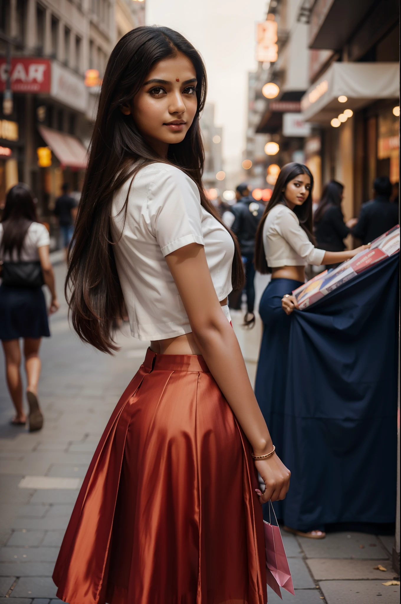 Beautiful face long_hair, Indian girl gorgeous, city girl, skirt and top, hot girl, shopping in the city, (masterpiece), best quality, high resolution, extremely detailed, blurred background, depth of field, cinematic lighting,